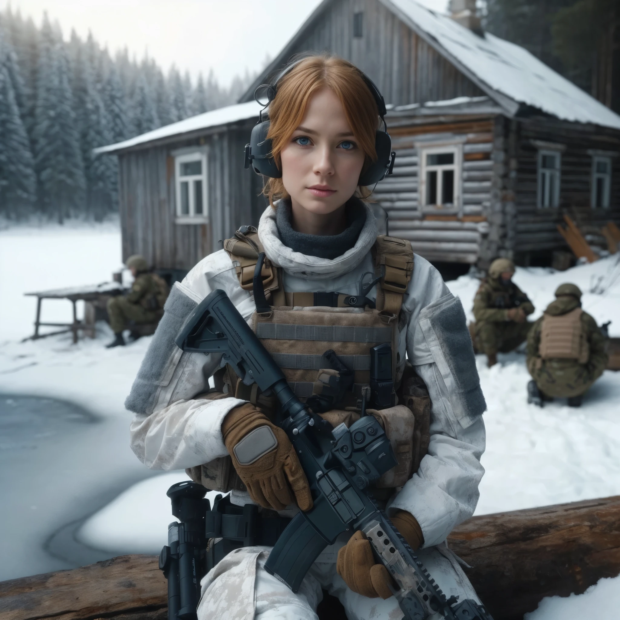 Masterpiece, a 26 years old Latvian female Border Control operative in winter camouflage uniform holding a HK416 with a 4X scope and wearing a coms headset. Shis is resting in front of wooden house near a frozen lake with a group of soldiers, beautiful round face, (platinium blonde short hair, blue eyes, very pale skin:1.2), a beautiful woman in a military uniform holding a rifle, of a sniper girl in war, realistic soldiers, beautiful female soldier, infantry girl, soldier girl, small character. unreal engine 5, movie still 8 k, portrait of soldier girl, mechanized soldier girl, female lead character, 8k portrait render, 3 d render character art 8 k, solo female character, ultra high res.photorealistic, UHD, RAW