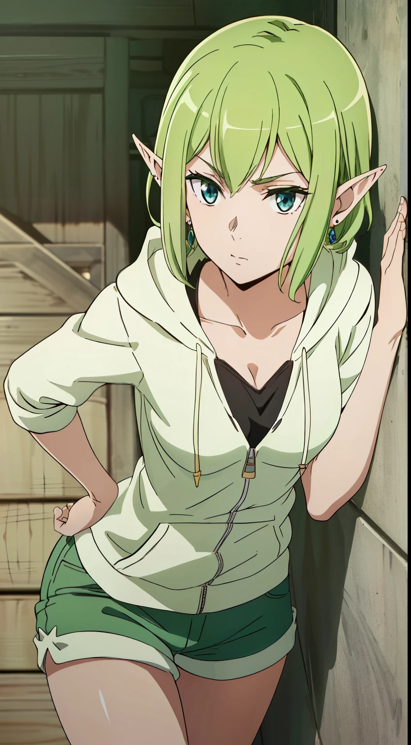 masterpiece,highest quality,anime,2D,Detailed face,
1 girl, alone, pointy ears, green hair, goblin, blue eyes, short hair,green hair,hoodie,shorts,earrings,stylish pose,stylish angle,(lively_color:1.2) (beautiful_medium breasts:1.3), (beautiful_face:1.4),(beautiful_thighs:1.1),