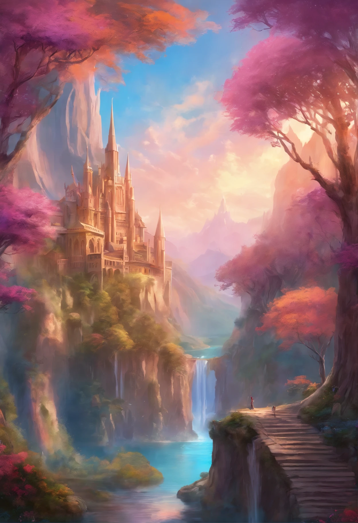 Rivendell, Elven Castle, tall spiers, Hanging Gardens, tall trees, pink-violet shades, azure and blue tones, orange-pink clouds