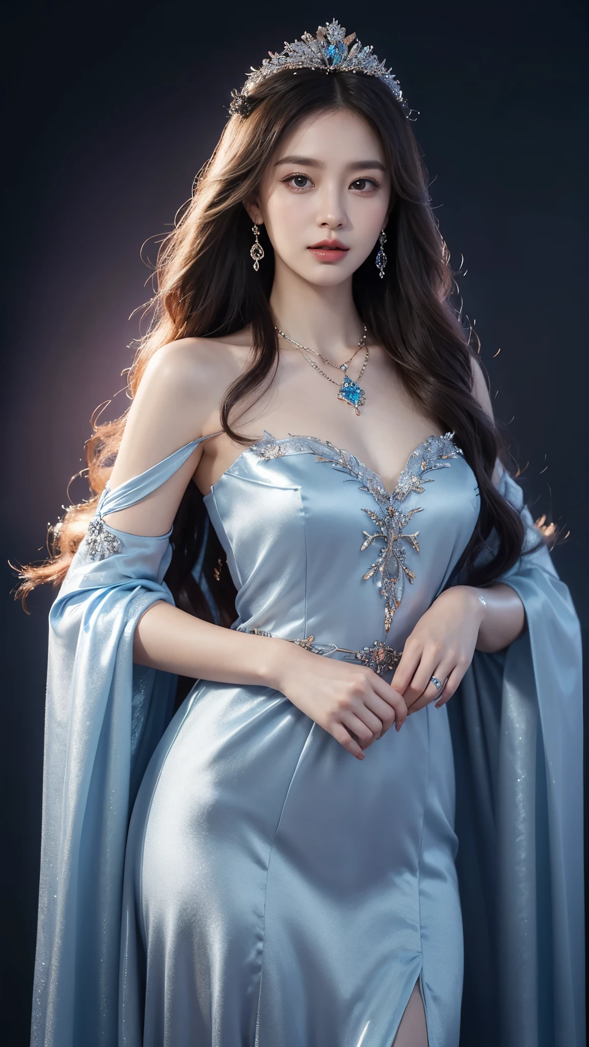 There was a woman in a Rose Colour dress，Wearing a necklace,((a beautiful fantasy empress).inspired by Sim Sa-jeong，Azure.detailed hairs,winter princess,LCE Princess,Guvez-Steville artwork,8K)),fantasy aesthetic!.Guviz,Ice Queen,8k high-quality detailed art.