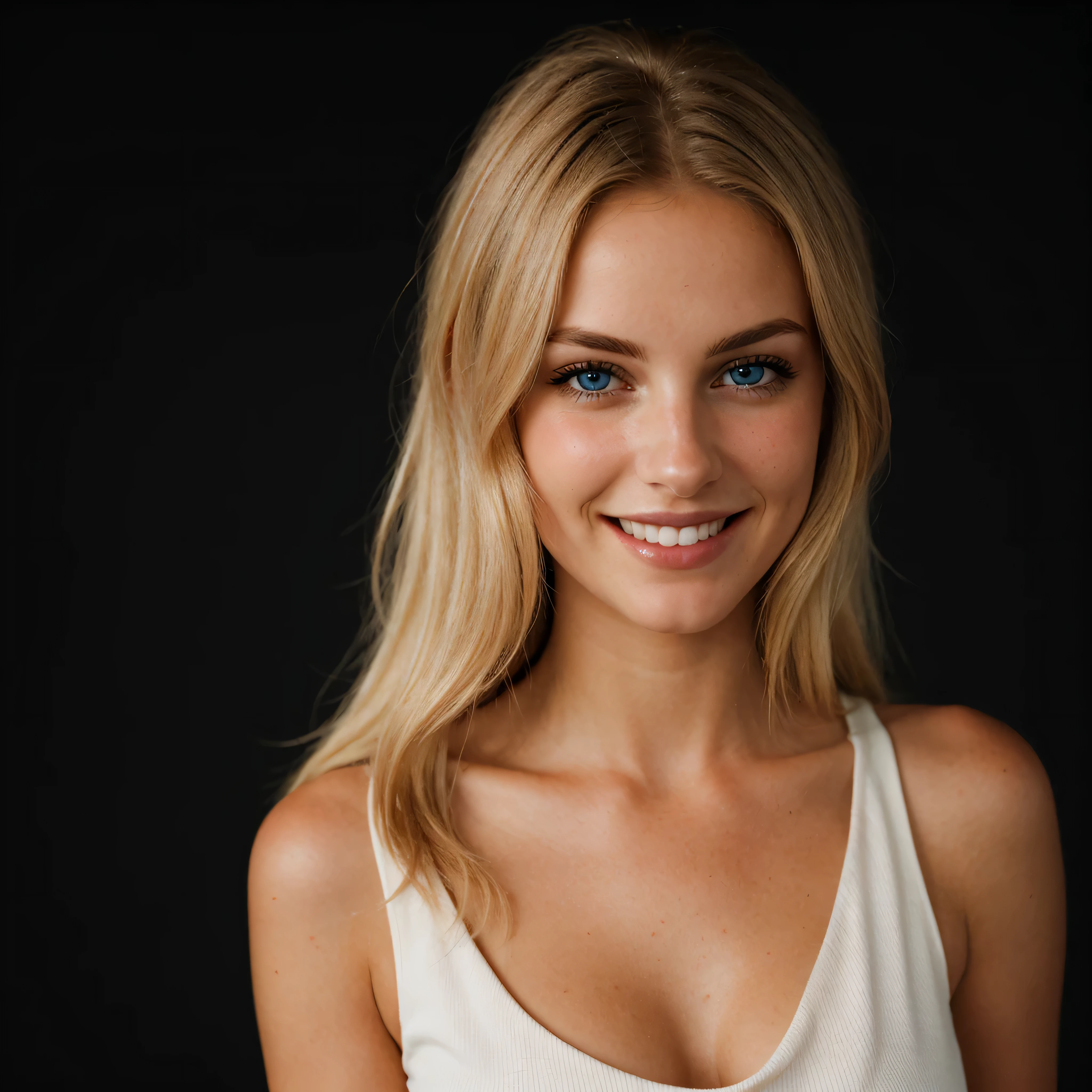 a closeup dark upper body shot photo of a blonde with perfect eyes, smile, dark background