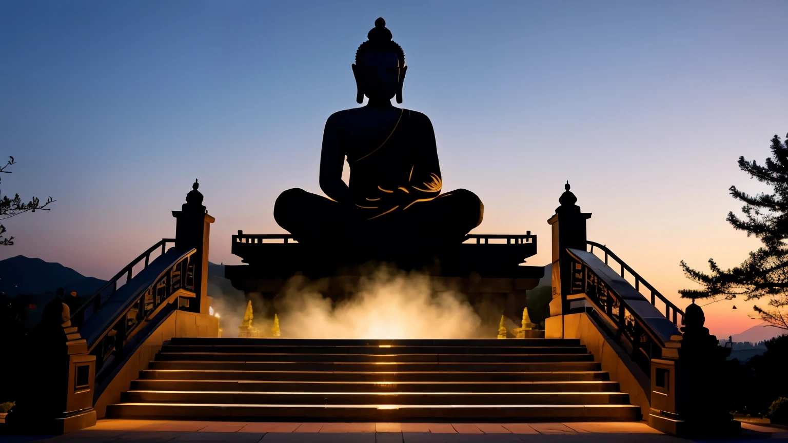 silhouette art,Great Buddha before sunrise,There are steps to get there,silhouette art。artistic creativity 1.37。