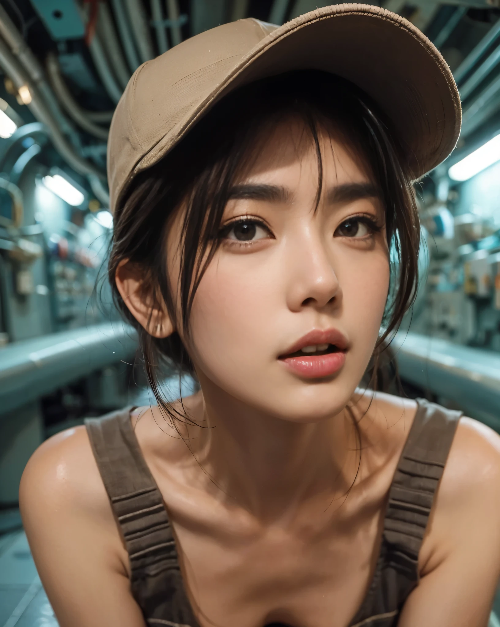 (best quality,8k,realistic photo,realistic skin texture:1.2), beautiful Japanese woman belonging to the U.S. Navy, present inside a submarine as a crew member, crew uniform, dynamic action pose, dramatic and bold composition, half-body, Zoom out