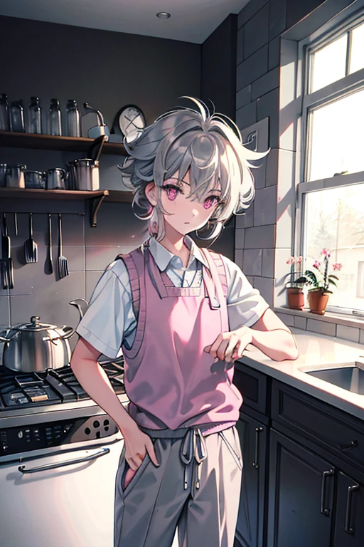 messy hair, grey hair, pink eyes, vest, standing, Fair skin, indoors, kitchen, looking at viewer, 1990s (style), --niji 5  --ar 2:3 --s 100