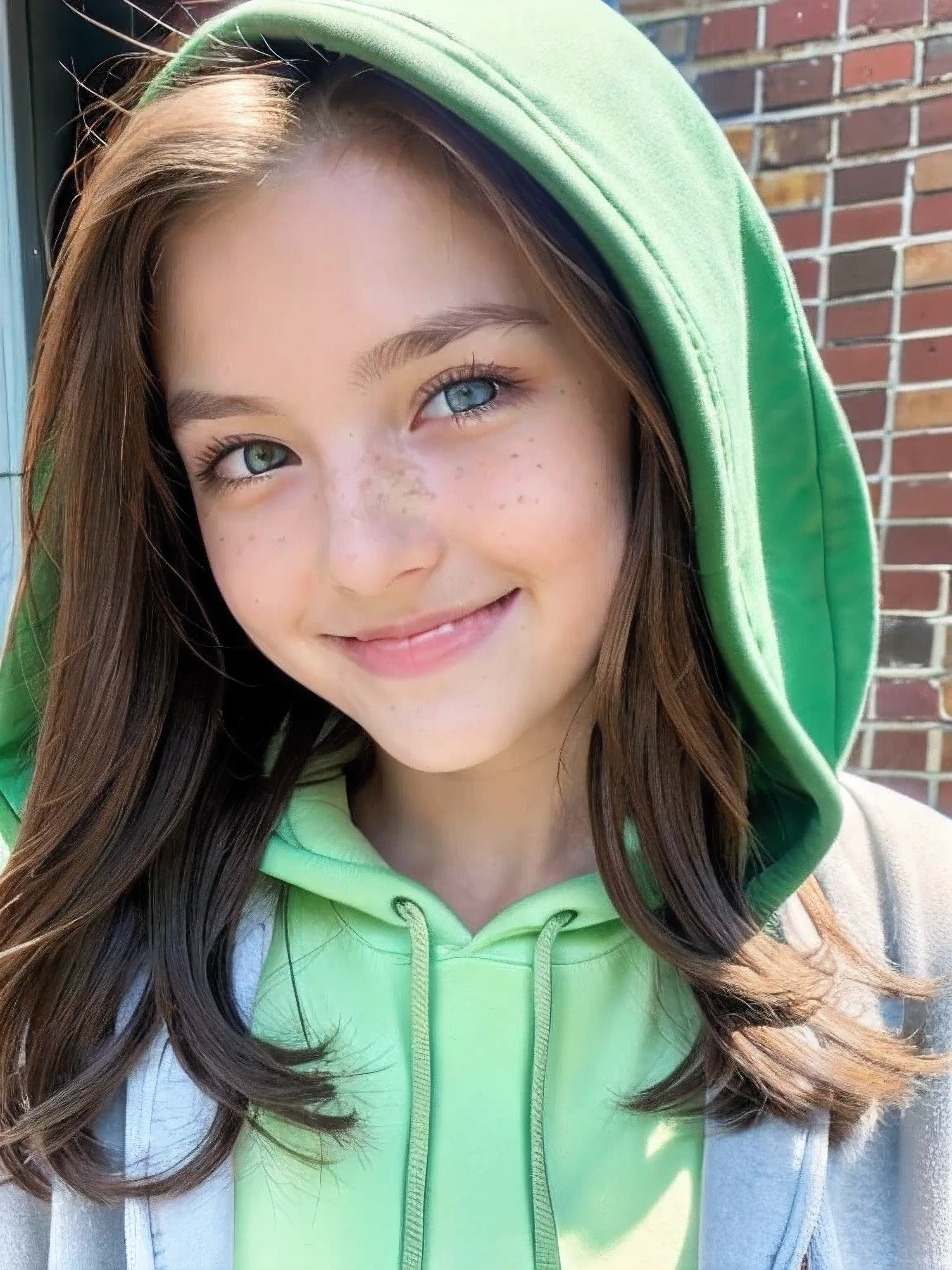 Girl with green eyes and brown hair has medium breasts has freckles and wearing a black hoodie smiling at viewer