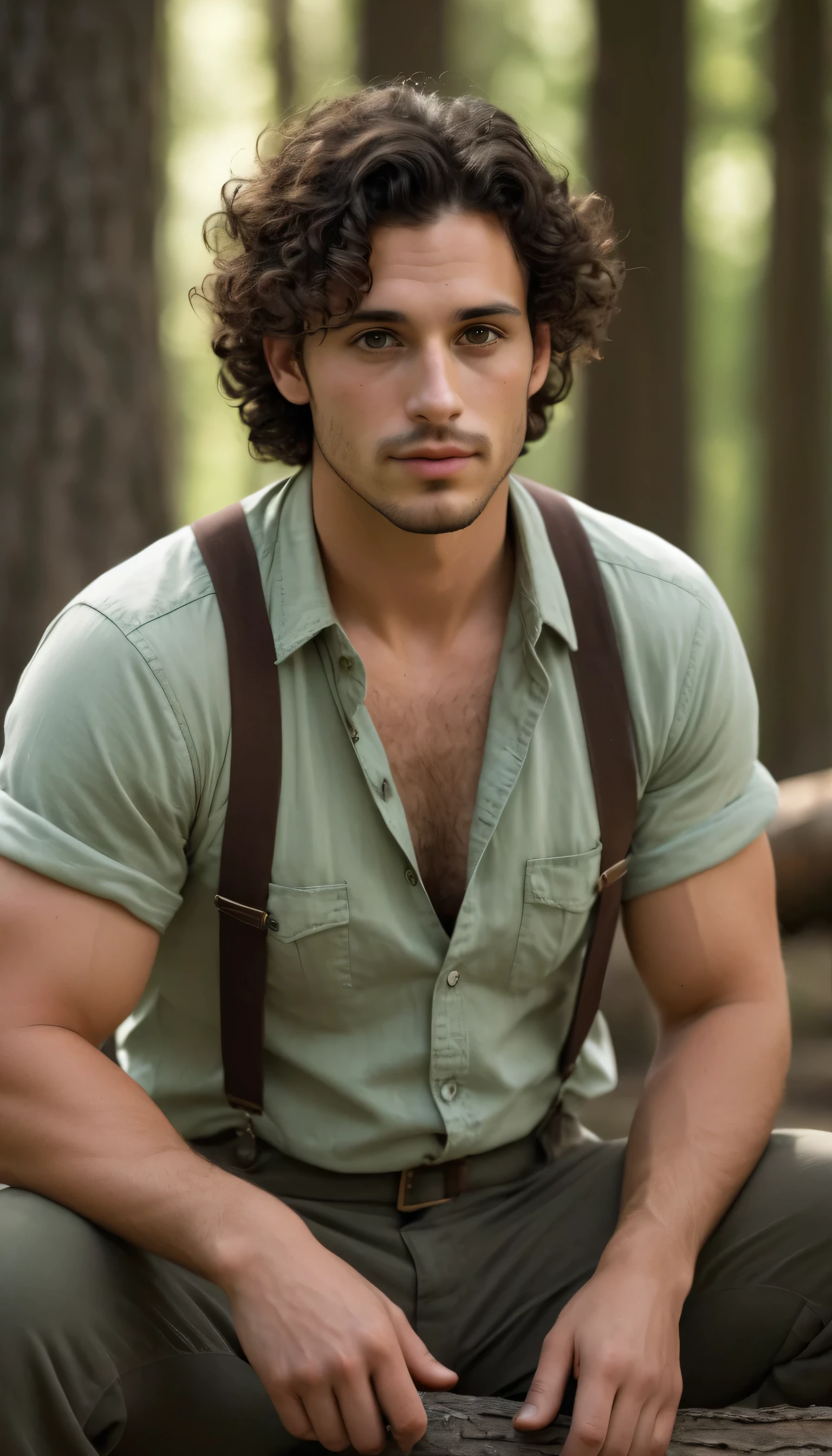 Green-tinted photo, 30 y.o explorer, male, wearing suspenders, brown eyes, dark curly hair, oval-shaped jawline, broad shoulders, thick chest, stout, stocky build, chubby, perfect detailed eyes, bulbous nose, sweaty, glistening skin, sitting on a log, hard shadows, masterpiece, cinematic