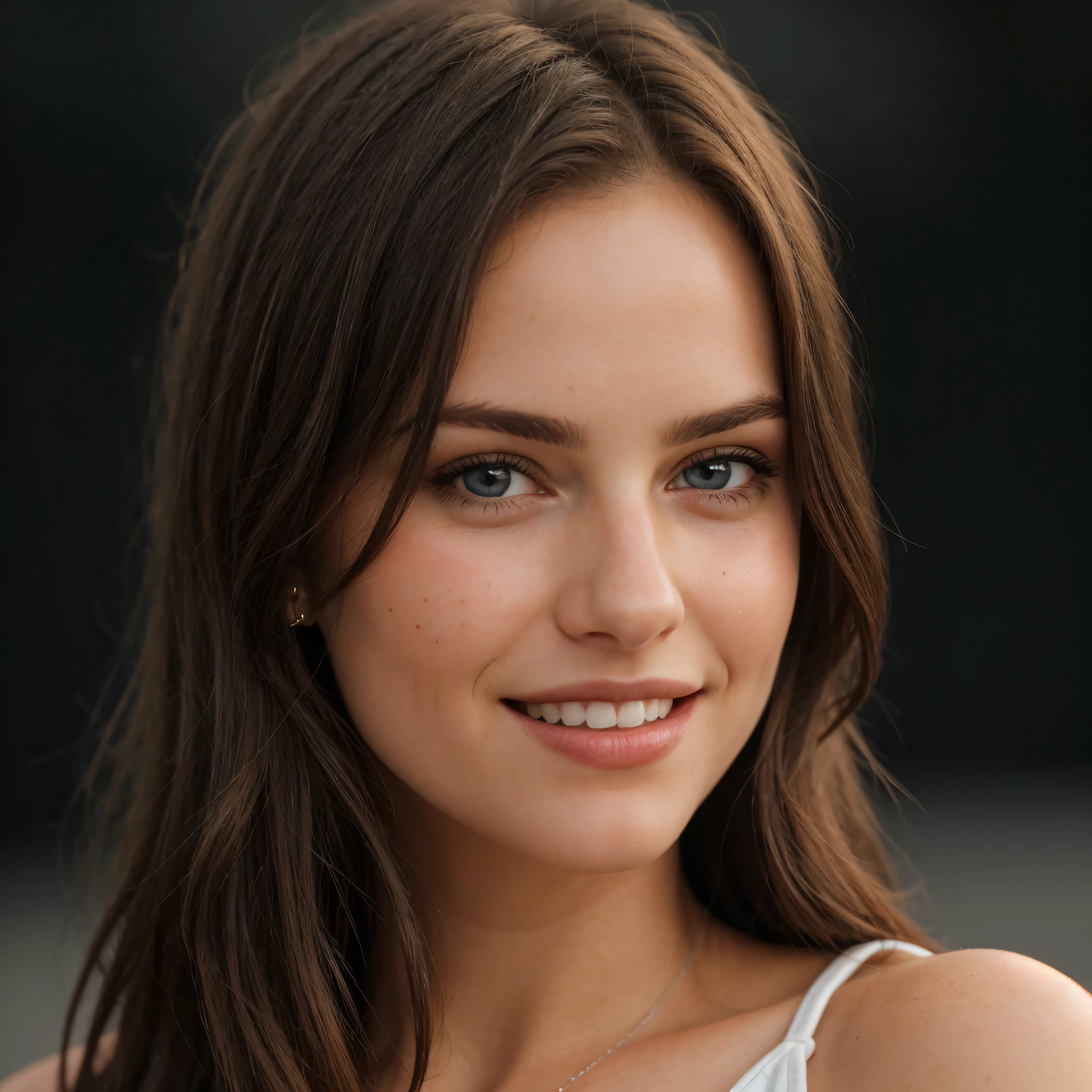a closeup dark upper body shot photo of a blonde with perfect eyes, smile, dark background