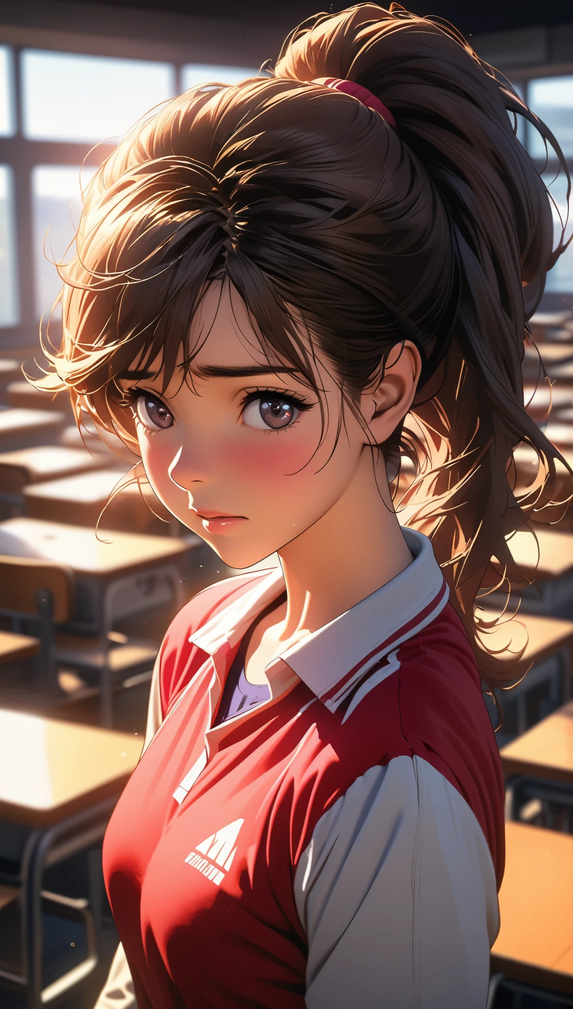 Comic city hunter style,15 year old beautiful girl,classroom,sportswear ,ponytail,Shy,close up,rich and colorful,Japanese cartoonist Tsukasa Hojo's style,depth of field,Overclocked renderer,movie lighting,Ultra-fine,super detailed,complicated,cinematic perspective,CG art,