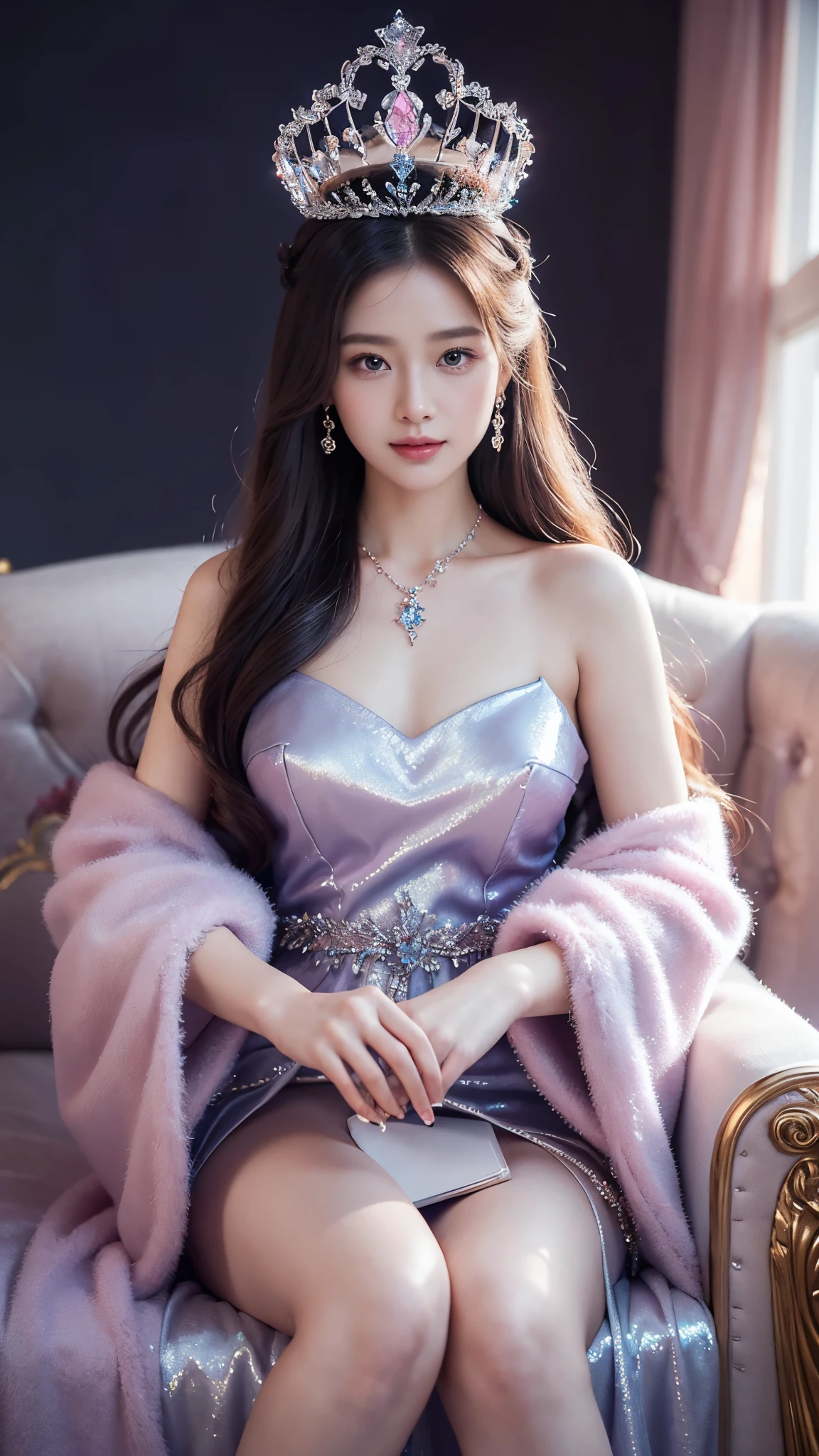 There was a woman in a pink dress,Wearing a necklace,((a beautiful fantasy empress).inspired by Sim Sa-jeong,Azure.detailed hairs,winter princess,LCE Princess,Guvez-Steville artwork,8K)),fantasy aesthetic!.Guviz,Ice Queen,8k high-quality detailed art, Throne, princess crown, beautiful smile,