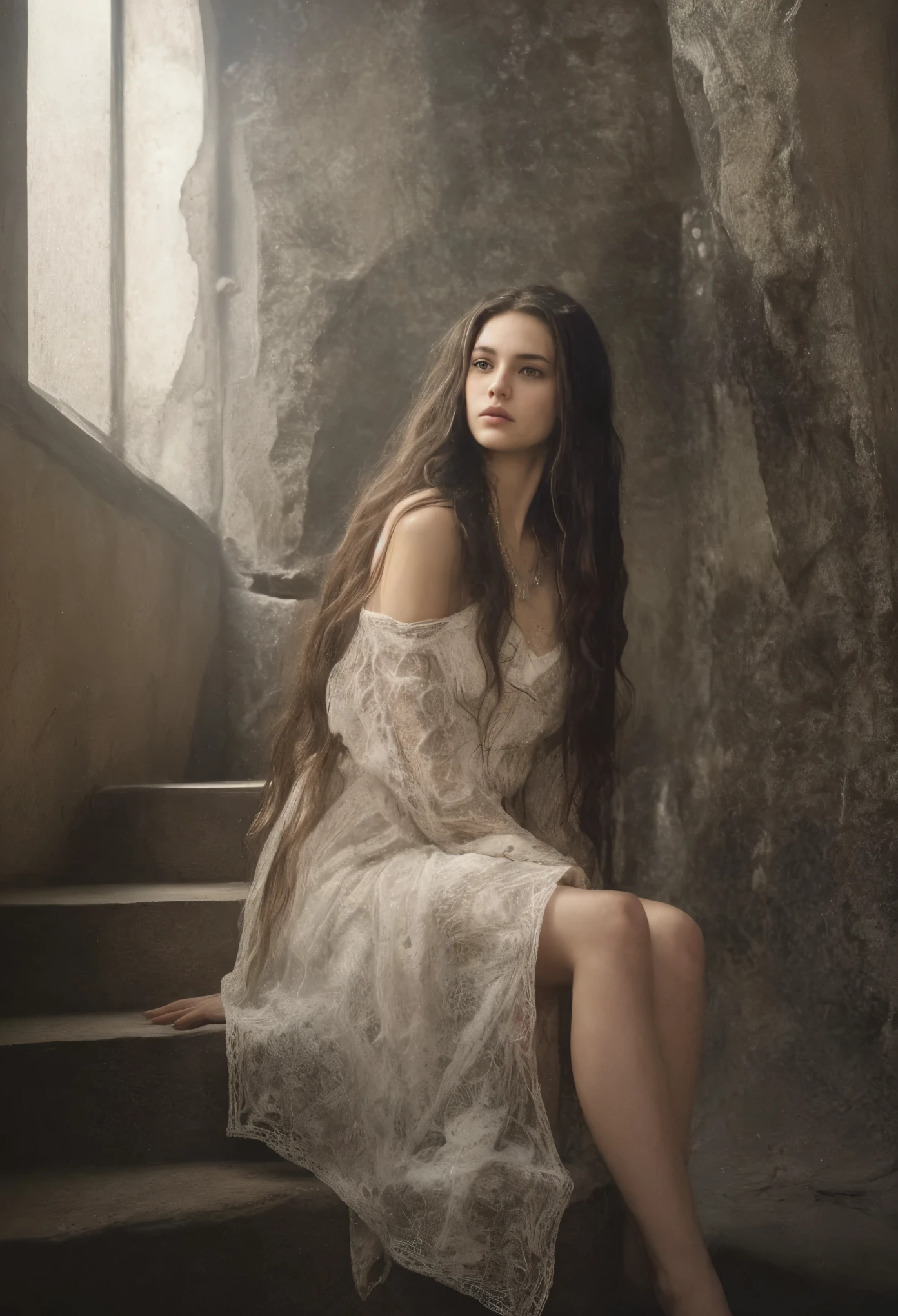 A woman sitting on a set of stairs in a white dress - SeaArt AI