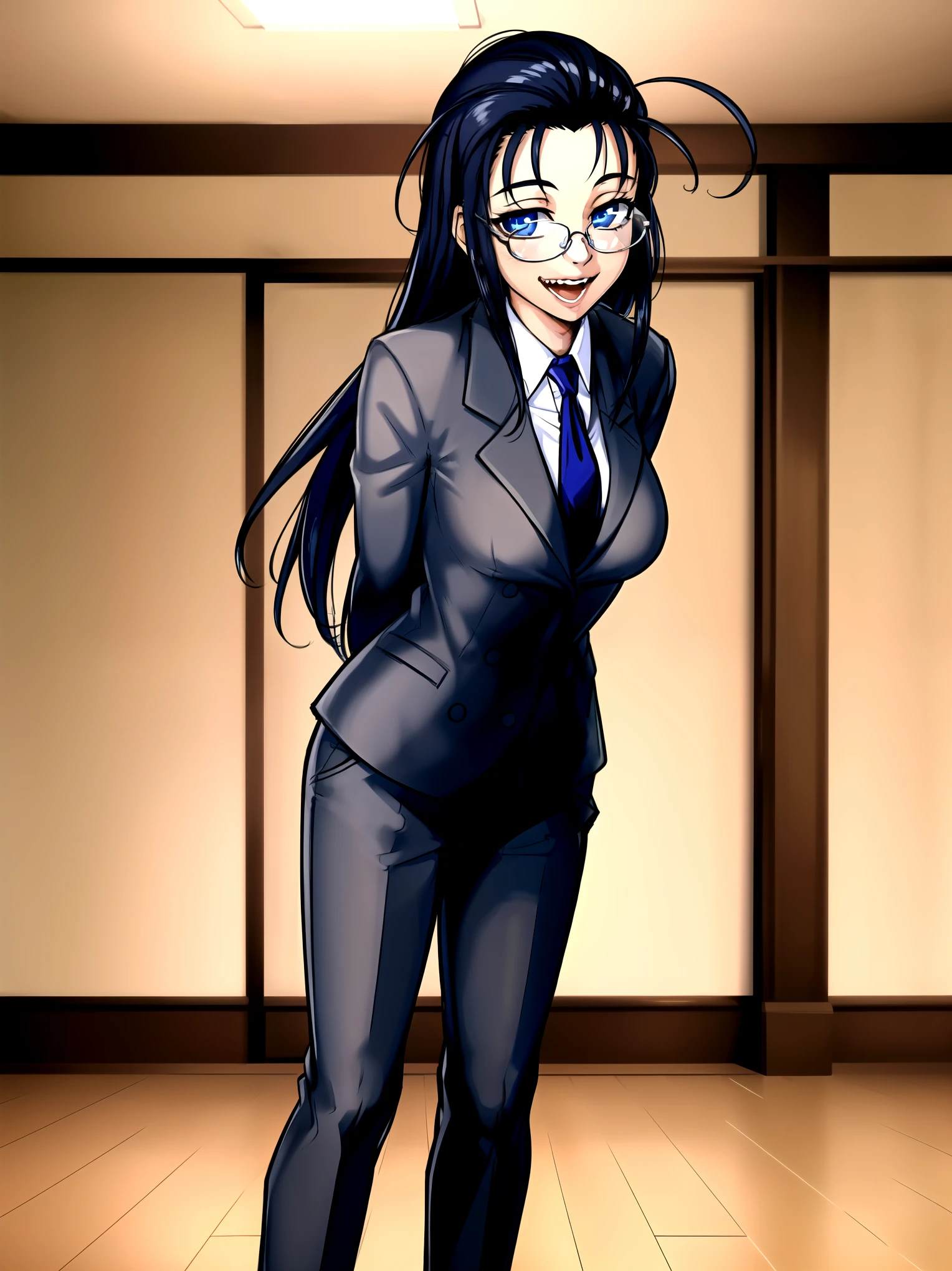 masterpiece, best quality, 1girl, solo, vanwinkle, standing,  female focus, blue eyes, messy hair, suit, glasses, necktie, big breasts, teeth, [[open mouth]], formal, smile, simple background, pants, ((arms behind back), looking at viewer, indoors, standing, closeup 