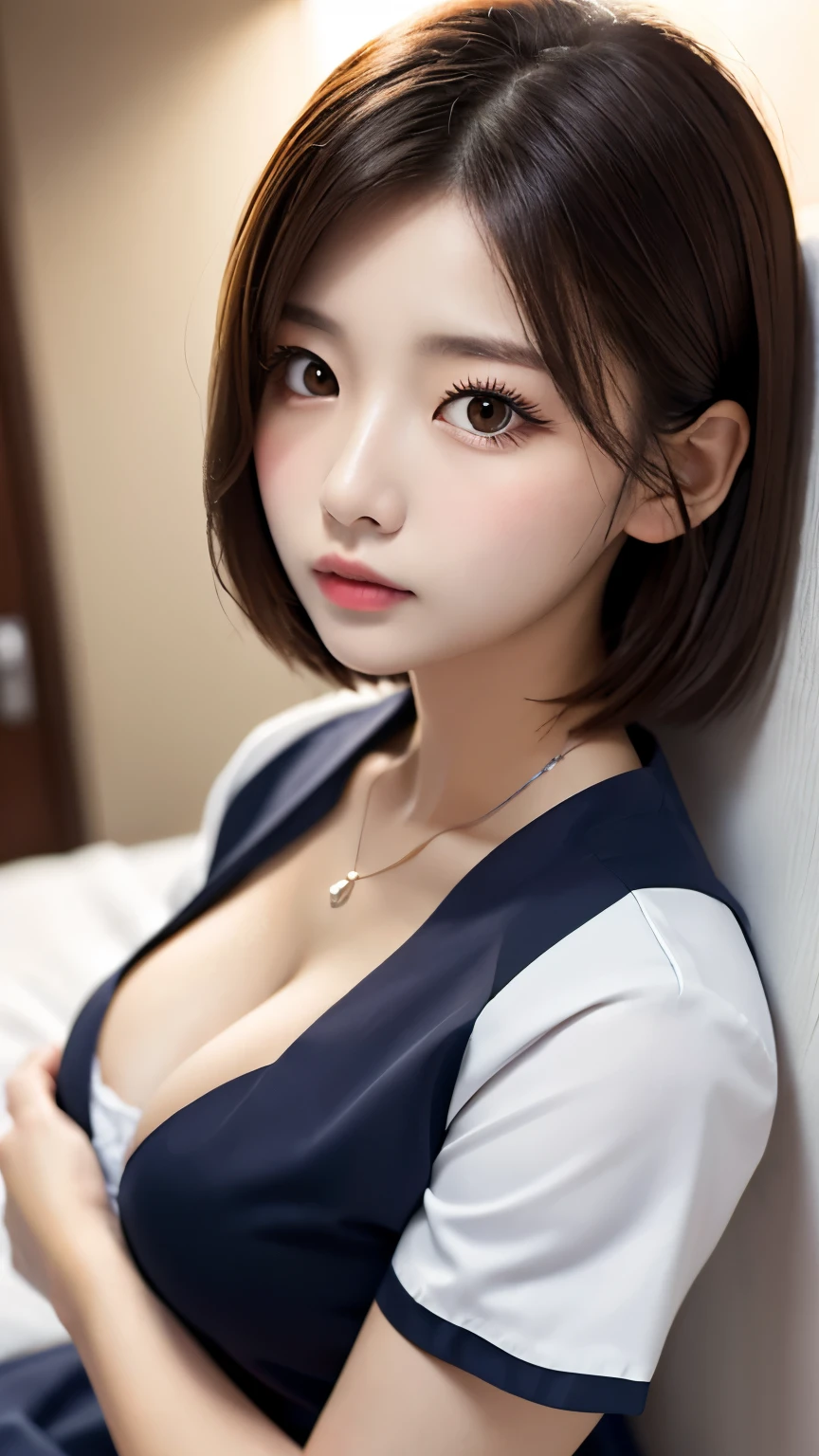 highest quality, Detailed workmanship、high resolution、(8K, High resolution:1.2)、raw photo, photorealistic、slender body shape、high definition face、Face is in focus、high definition eyes、(Focused, symmetrical pupils:1.2)、High-definition and beautiful skin、firm skin、natural makeup、gross lip, High-definition hair texture、masterpiece、japanese woman、nurse、nurse、17 years old、very cute, very short hair break (White nursing uniform、白いnurseの制服:1.3) break (lying on the bed:1.3)、(hugging own chest:1.3), (on the hospital bed:1.2)、(very embarrassed:1.3), (blush:1.3), (Sad face、scared face:1.3)、wet eye:1.2, shy look、Staring at the camera、(color々Easy shooting angle:1.3)、medium breast, nsfw, cleavage
