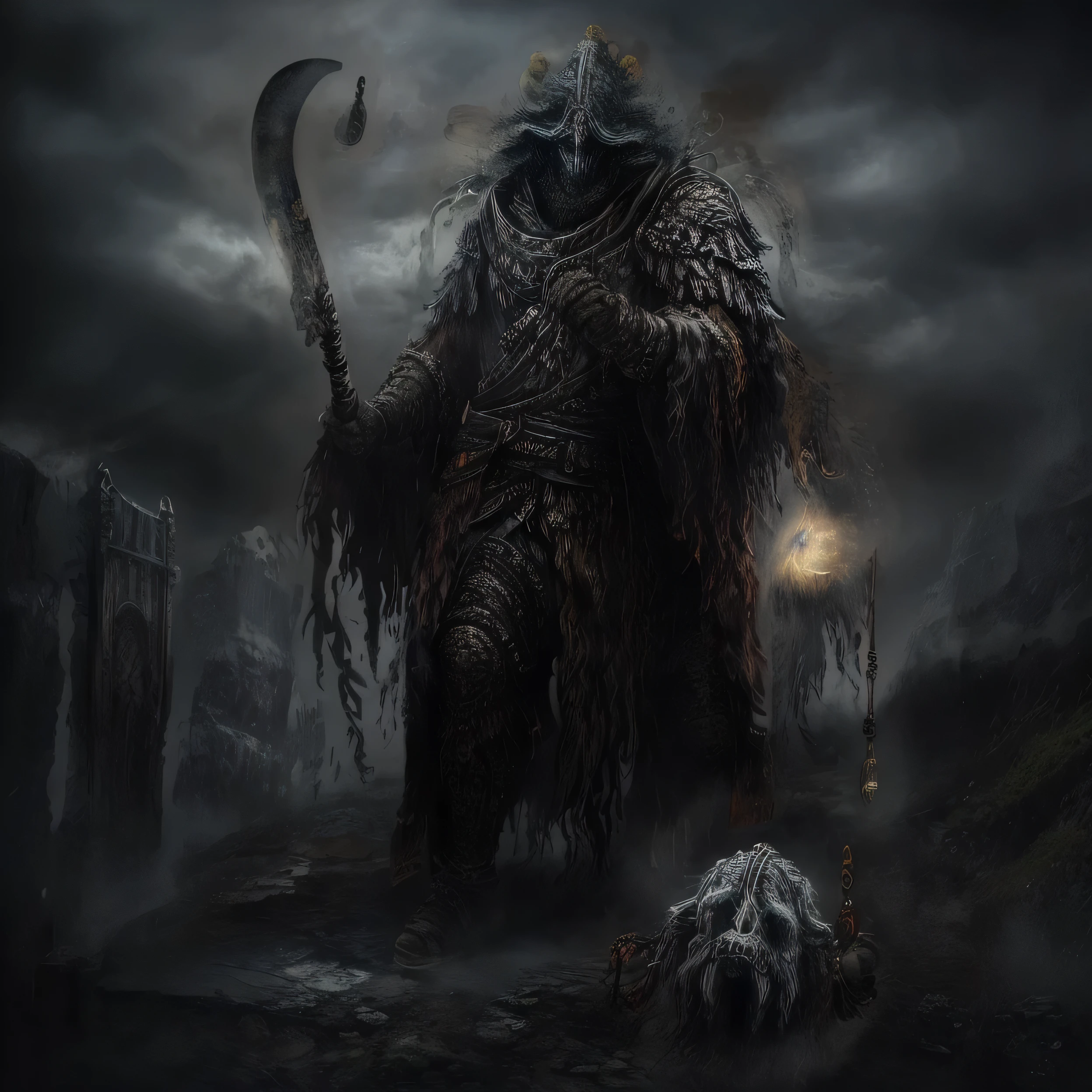 （best quality：1.0），（ultra high resolution：1.0），（masterpiece），apocalyptic style），Elden Ring，Extremely terrifying，Jumbo phobia：1，background with：1.2，grim Reaper，Depicts the mysterious and terrifying image of the Grim Reaper，Holding a sickle in his left hand，Holding a lantern in his right hand