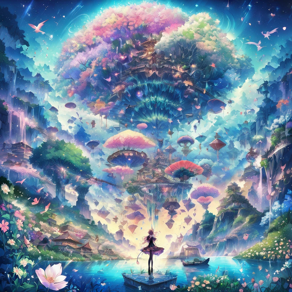 Spring Morning, aesthetic, "a whimsical spring morning world adventure into the center of a magical spring flower galaxy made of stars on a starry sky, skyrim! spring flower blooming" double exposure collage art illustration, sparkly glowing waterfalls, flying islands, rising sun, fantasy, hdr, sparkles, vibrant, surrealism, hyperdetailed, hypermaximalist illustration by Meg Chikhani, Victo_Ngai, Rlon, Andreas_Lie, Android_Jones, by artist "anime", Anime Key Visual, Japanese Manga, Pixiv, Zerochan, Anime art, Fantia