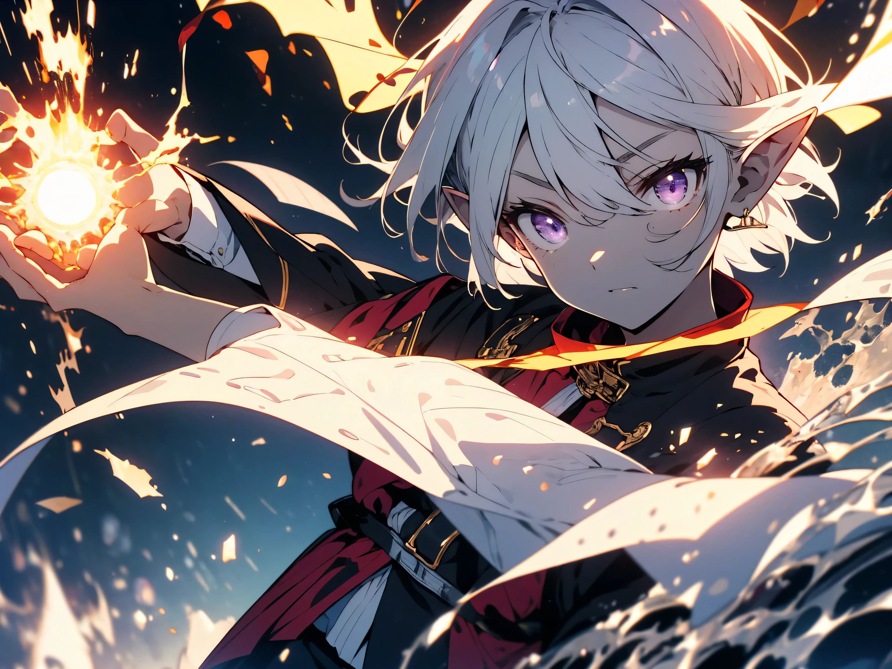 (highest quality、masterpiece、High resolution、detailed)、(Shining eyes、detailed beautiful face)、 boy, Good person, white skin albino, short gray hair, white hair covering ears, giant elf ears, Pointy, hairy ears, purple eyes, light firepower, The power of the sun, pyrokinesis, material manipulation, no anger, golden clothes, fully clothed, wear a shirt, no muscles
