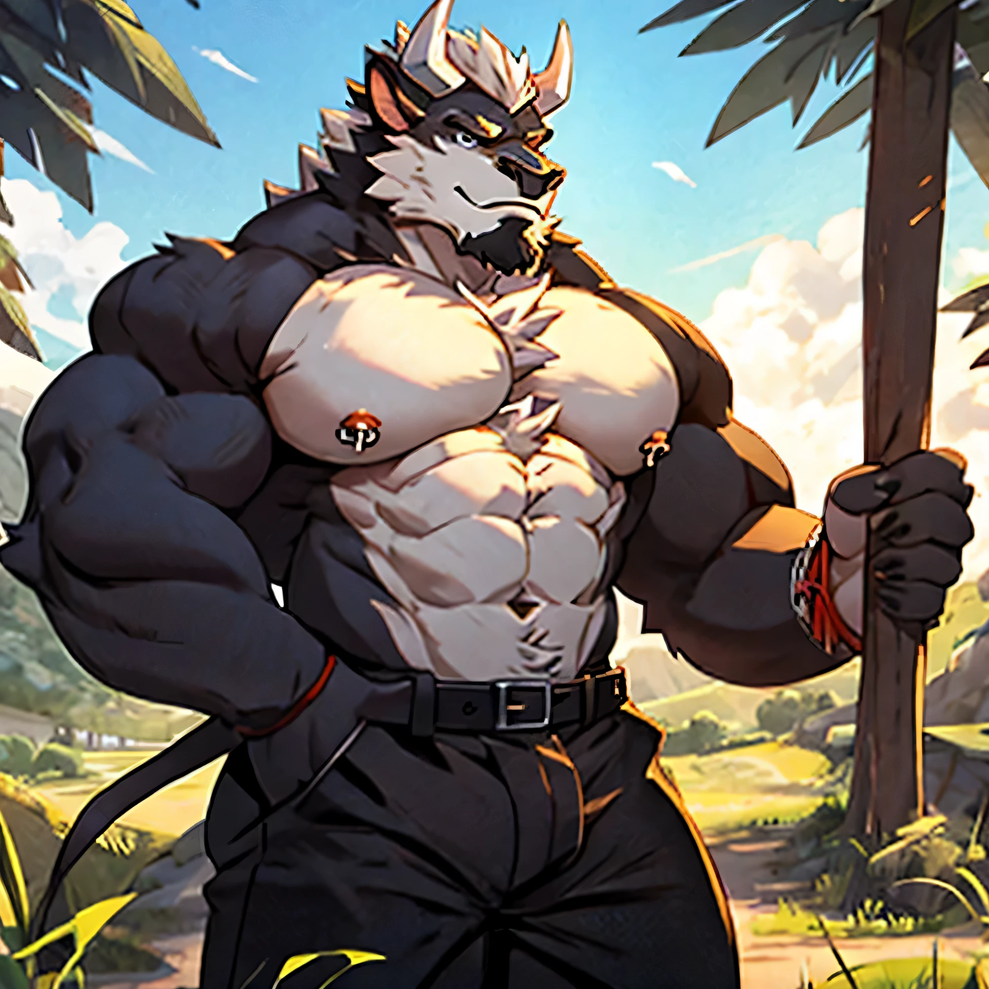 Cow version link, aldult, Strong, With buffalo face, white short hair, topless, black pants, muscular, anime style, black skin,nose ring,nipple rings,White horns,have a beard,