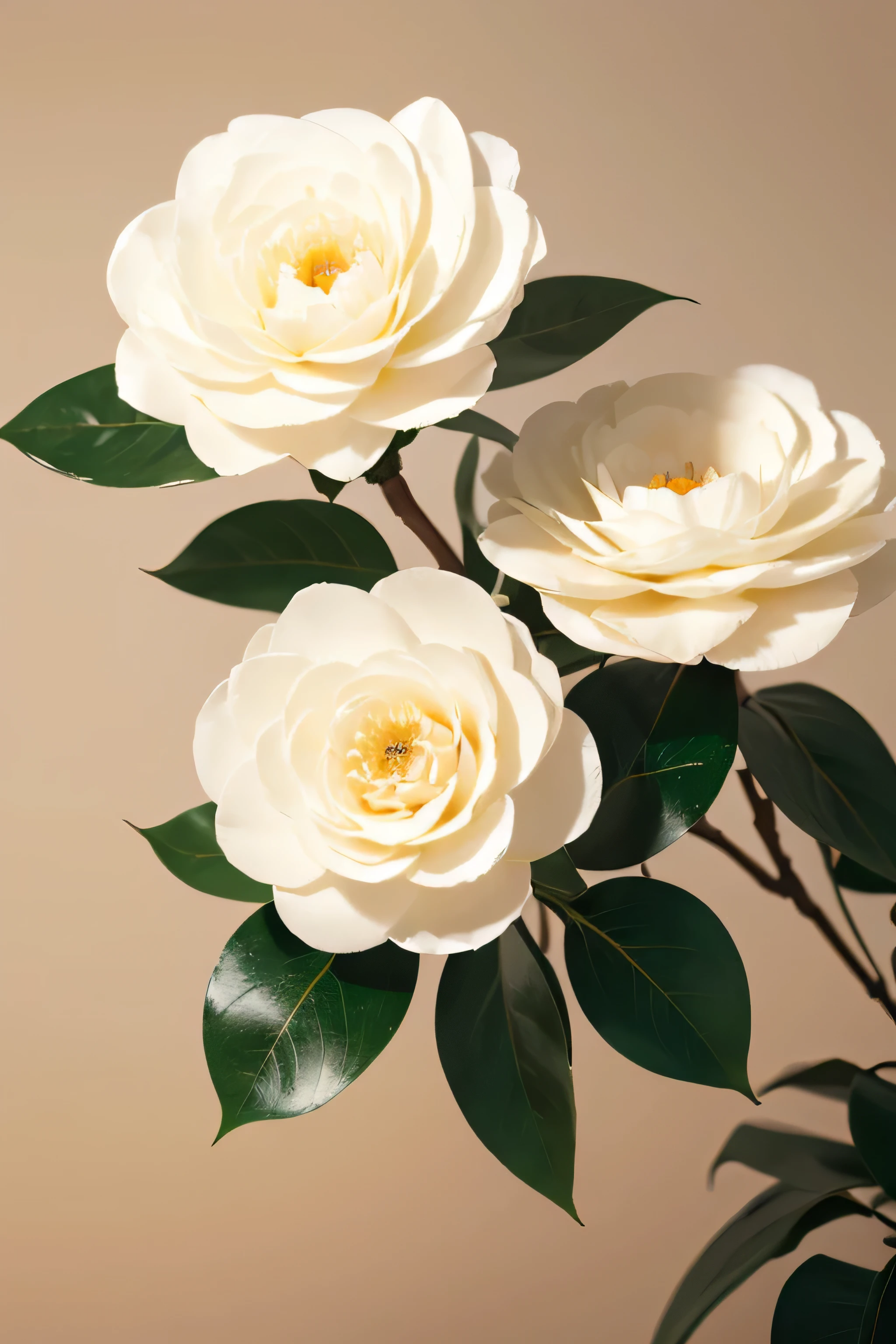 White beautiful camellia elegant oil painting effect flowers beige light background two blooming camellias