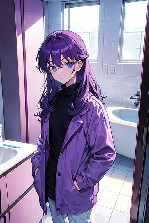 wavy hair, purple hair, blue eyes, turtleneck, standing, Fair skin, indoors, bathroom, looking at viewer, 1990s (style), --niji 5  --ar 2:3 --s 100