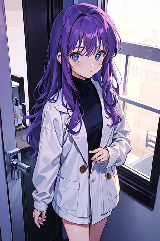 wavy hair, purple hair, blue eyes, turtleneck, standing, Fair skin, indoors, bathroom, looking at viewer, 1990s (style), --niji 5  --ar 2:3 --s 100