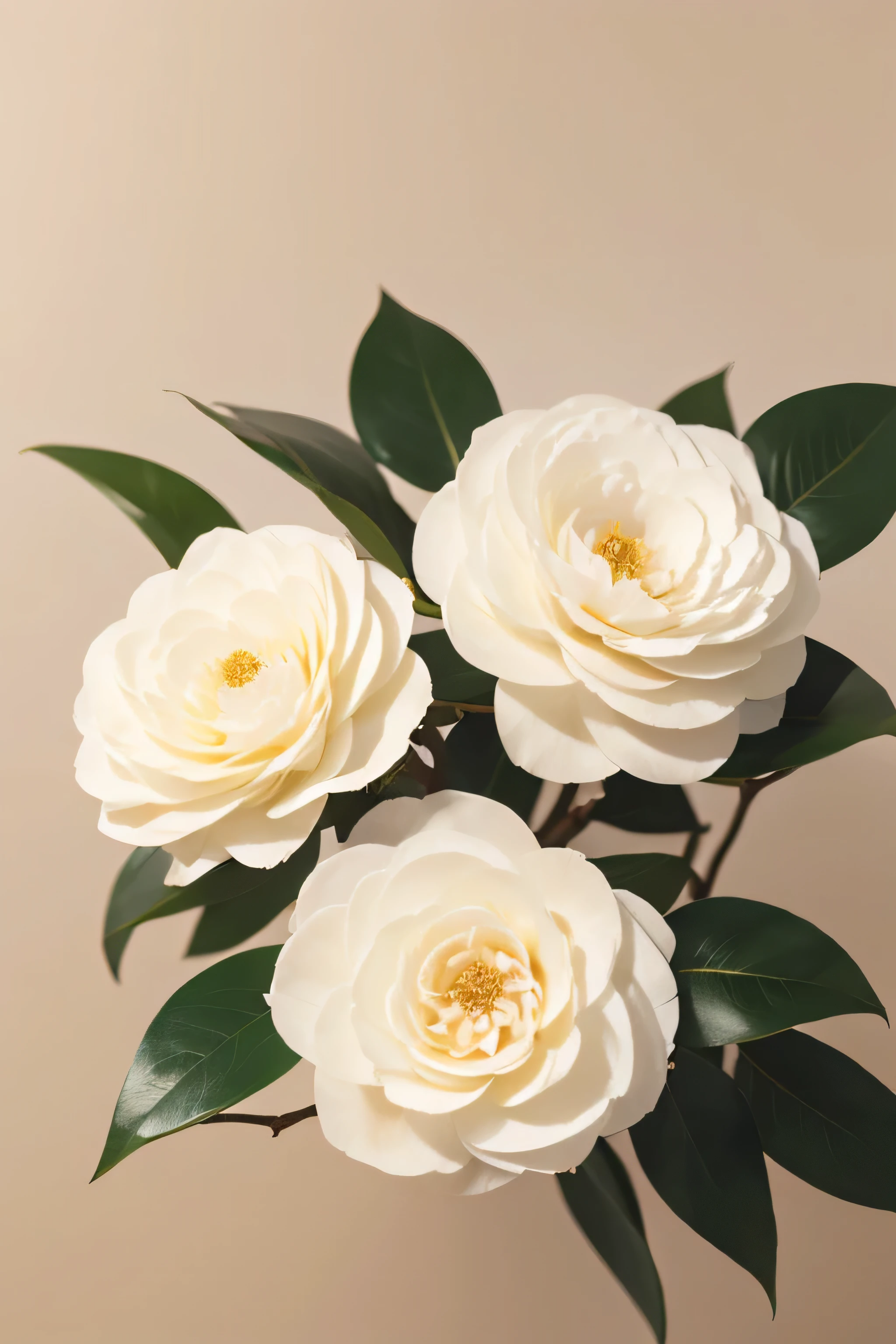 White beautiful camellia elegant oil painting effect flowers beige light background two blooming camellias
