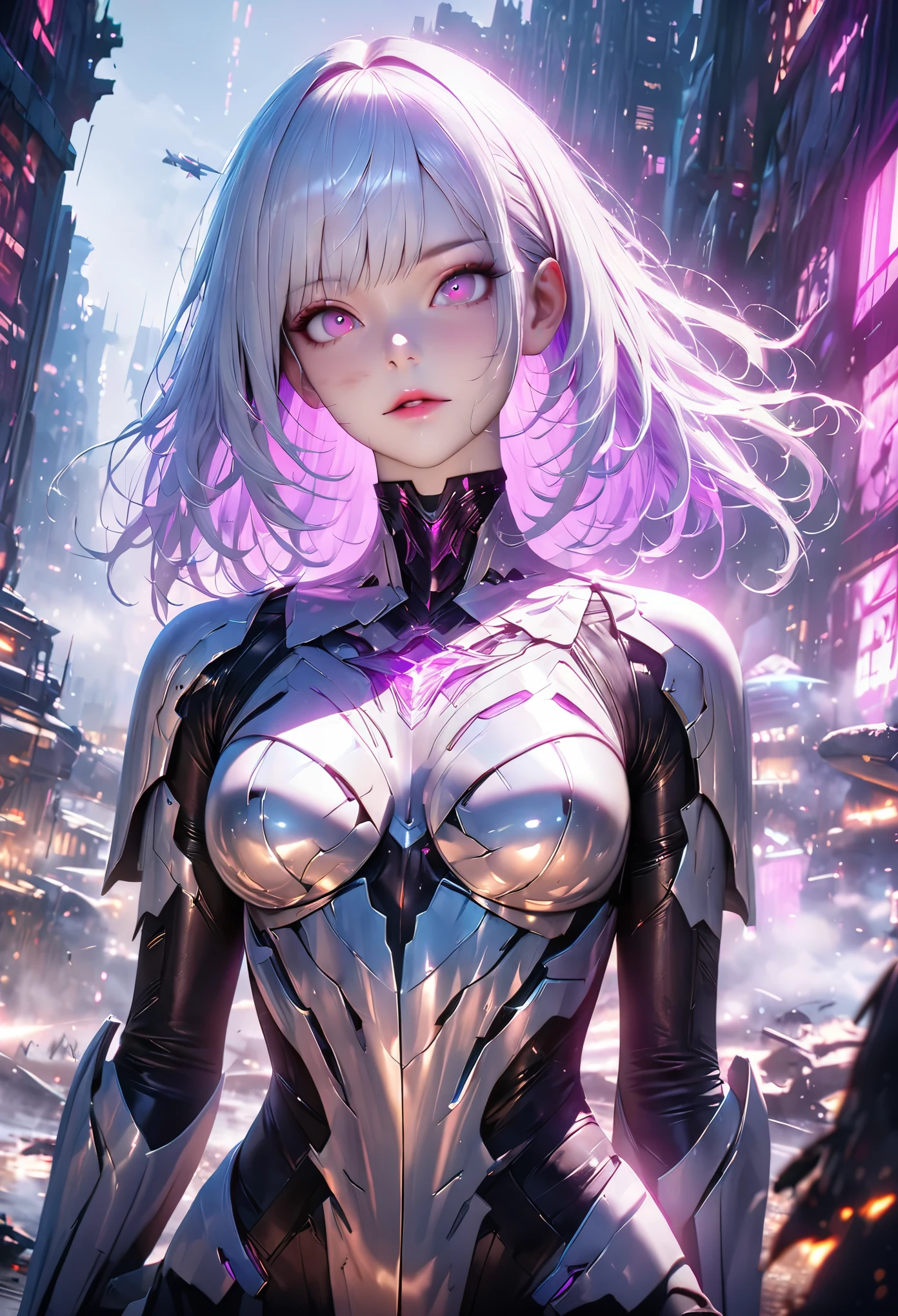 In a destroyed future city,Medium shot of sexy woman wearing scratched and tarnished futuristic armor, fantasy, science fiction, beautiful female face, Tempting, sexual, mist, Vivid and charming eyes, dramatic, masterpiece of the highest quality, lifelike, detailed, 8K, high dynamic range, Shallow depth of field, movie lighting, bloom, light shining, Color difference, sharp focus