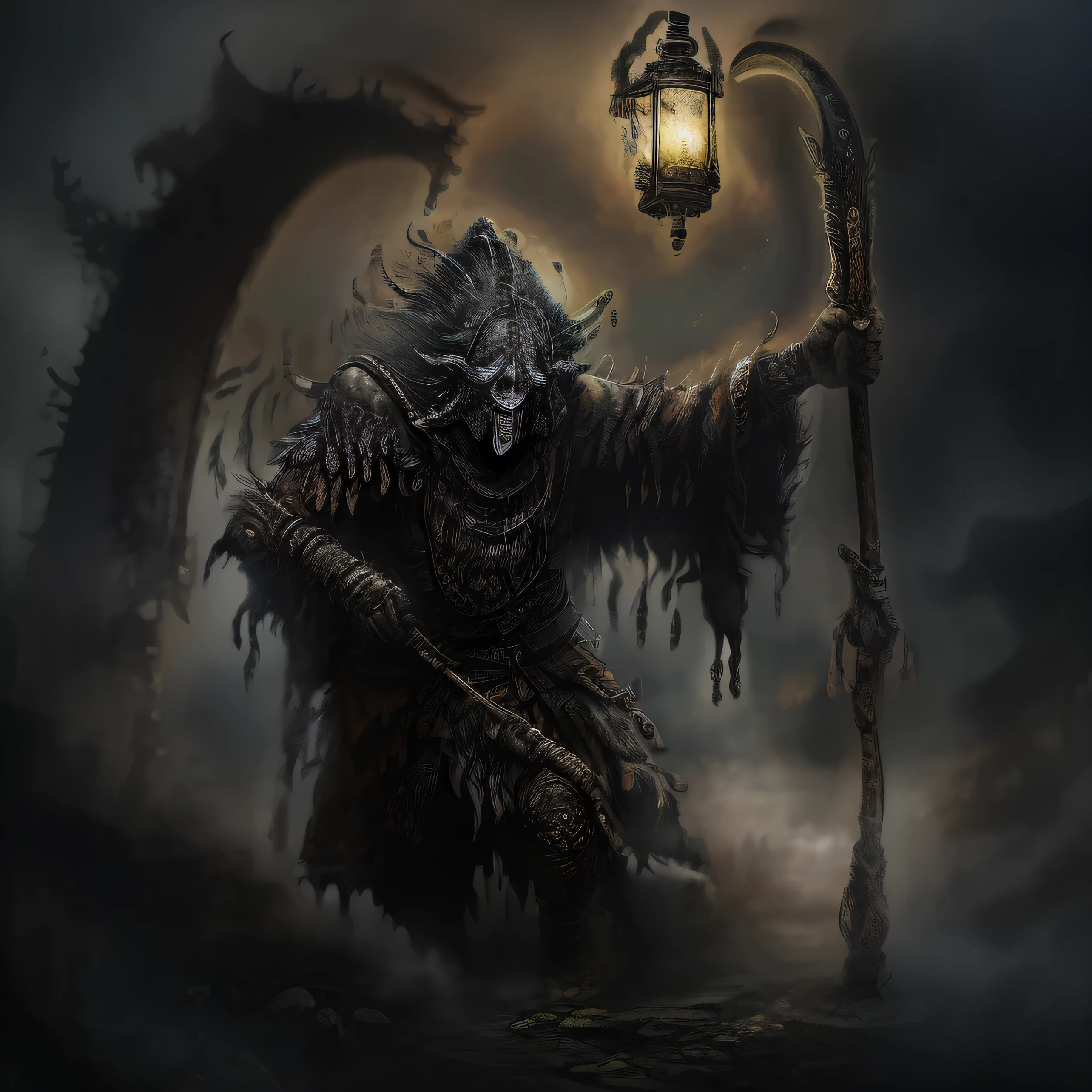 （best quality：1.0），（ultra high resolution：1.0），（masterpiece），apocalyptic style），Elden Ring，Extremely terrifying，Jumbo phobia：1，background with：1.2，grim Reaper，Depicts the mysterious and terrifying image of the Grim Reaper，Holding a sickle in his left hand，Holding a lantern in his right hand