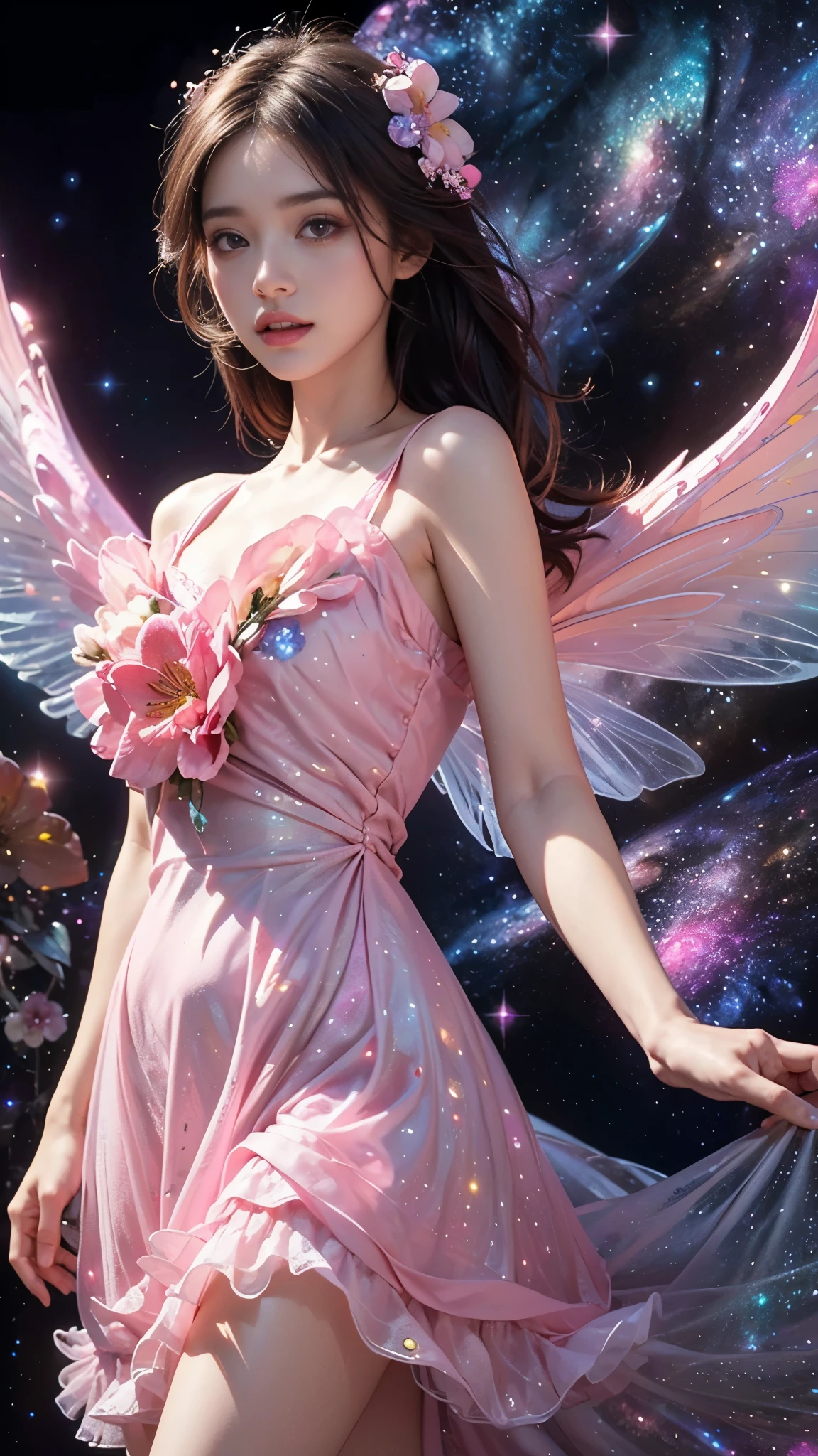 4k ultra hd, masterpiece, a girl, good face, detailed eyes, detailed lips, flower fairy girl, big wings, transparent wings, neon lights, (galaxy background:1.5), (flower dress:1.8), (pink dress:1.5), in the heaven,