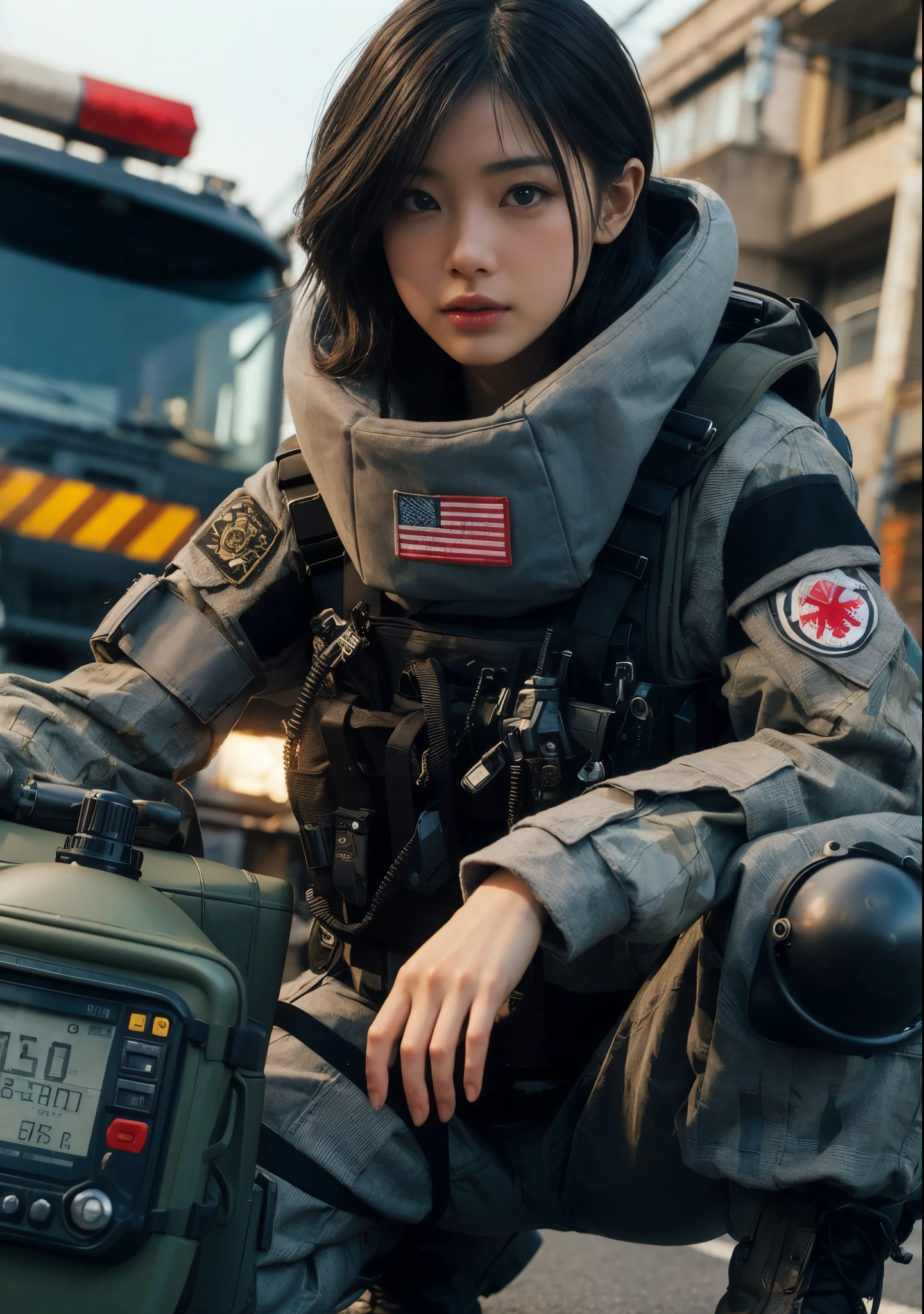 (best quality,8k,realistic photo,realistic skin texture),beautiful Japanese woman from the US military posing beside a bag on the street,Explosive Ordnance Division,holding a helmet,dynamic action pose,Bomb Disposal Suit,dramatic and bold composition,half-body,Zoom out