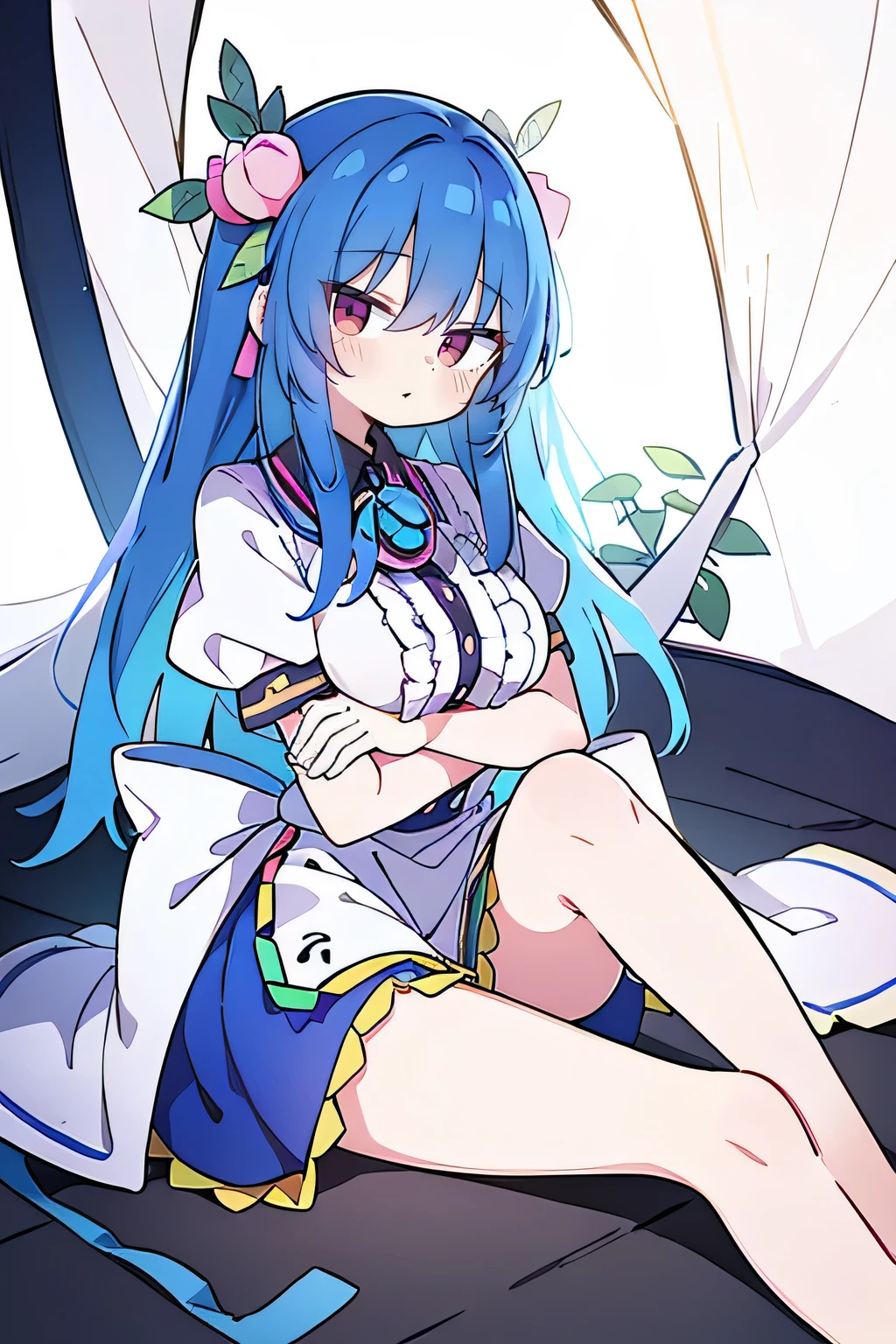 (masterpiece),best quality, expressive eyes, perfect face,sit, sit on ground, legs on the ground, 1girl,
big breasts, H cup, Good breasts, arms crossed, Fair, Gorgeous,japanese manga,girl,Laura,young angel, blue hair, blue haired,tent , tent chest, tent breast, floating clothes