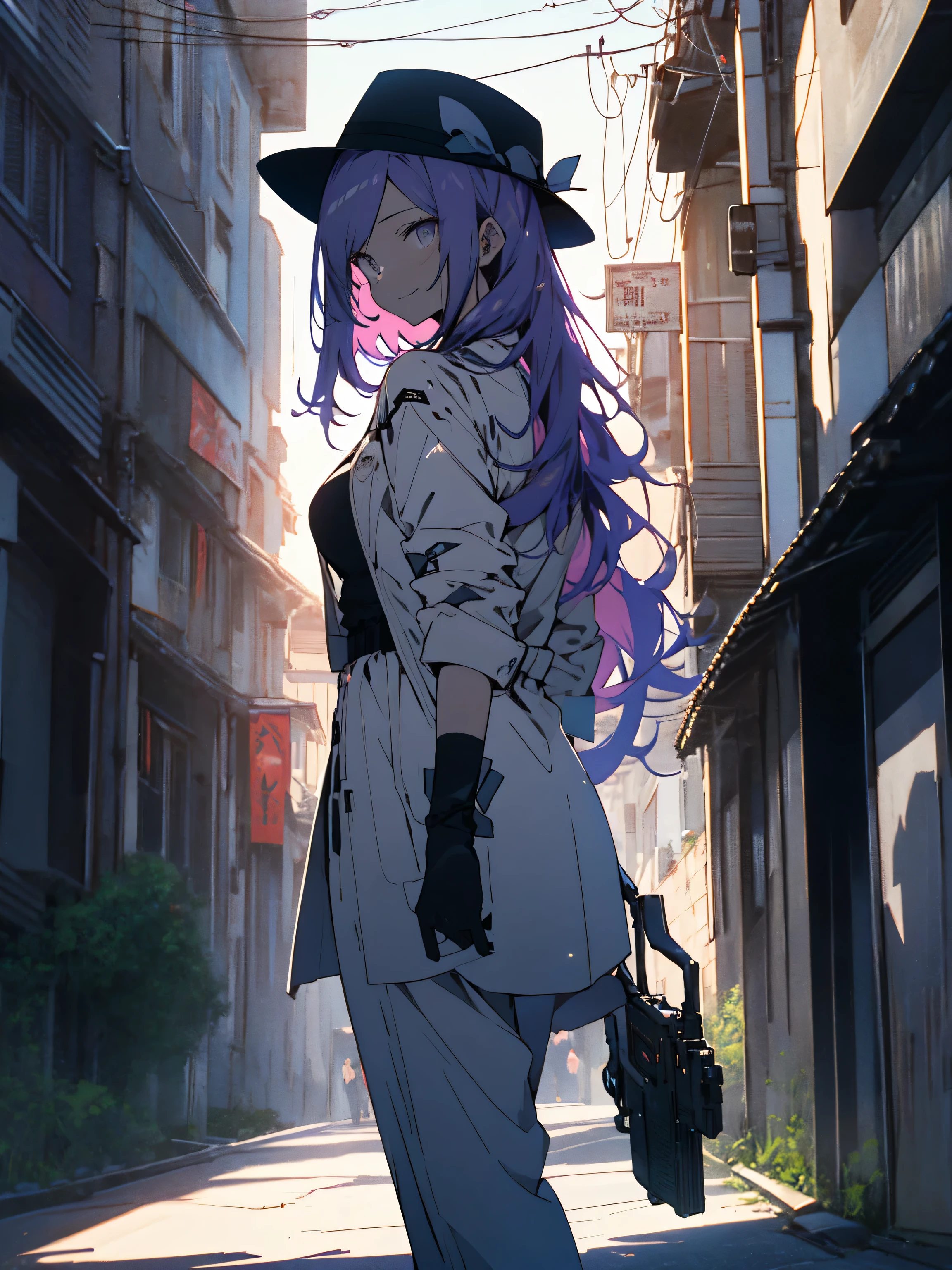 (highest quality、masterpiece、High resolution、detailed)、(Shining eyes、detailed beautiful face)、1 girl 20 years old, Dubious smile, White skin beauty, purple hair、good style、black pants suit、white dress shirt、black wide brimmed hat、black gloves、black pumps、has a gun in one hand、holding a cigarette、(mafia image)、back alleys of europe、(beautiful anime)