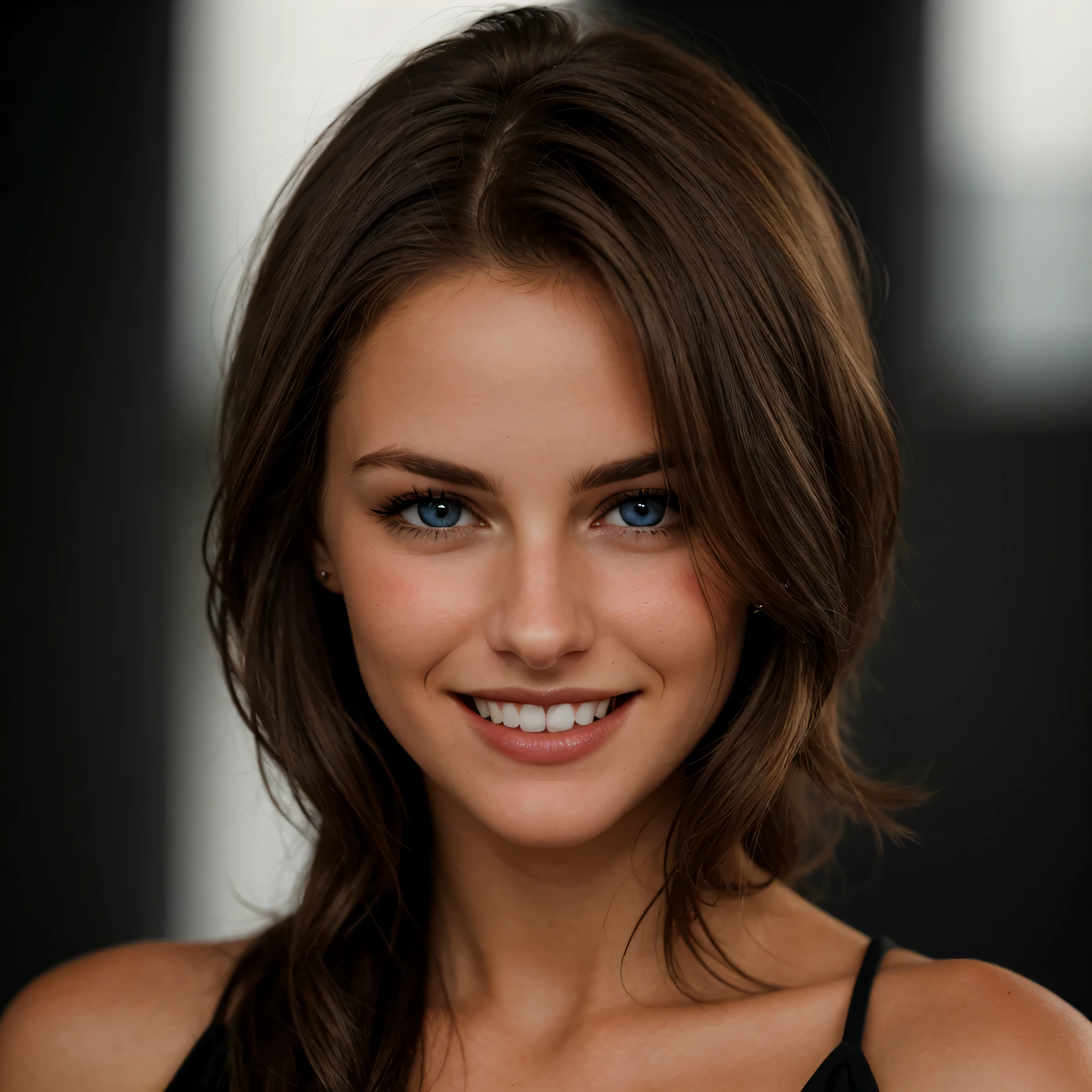 a closeup dark upper body shot photo of a blonde with perfect eyes, smile, dark background