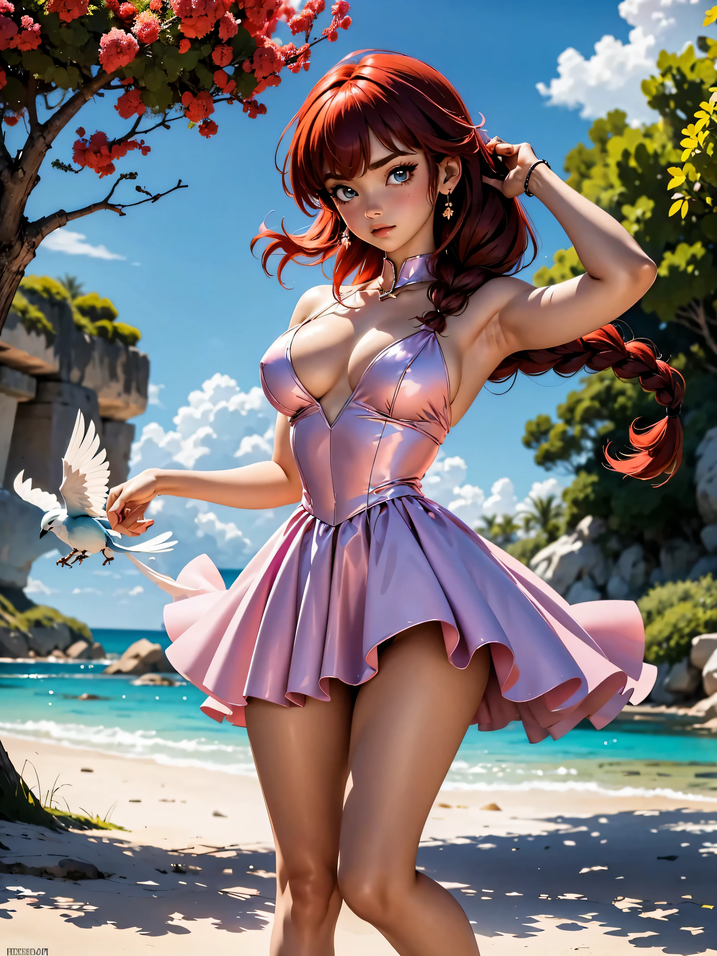 Garota anime ruiva com vestido longo pink metalico e purple de casamento com saia, *******, corpo bonito, seios grandes, with hands behind head, running your hands through your hair, Garota sexy, red short hair with braid, mechas de cabelo laterais, mechas de cabelo na lateral do rosto, beautiful lighting, sombras suaves, olhos azuis, pernas bonitas, short hair with braid, estilo anime, Ranma Chan, Autora Rumiko Takahashi, Baseado em obra de Rumiko Takahashi, Anime Ranma 1/ 2, decote sexy, quadril robusto, corpo inteiro, corpo inteiro, busto grande, garota jovem com corpo belo e bonito, sandals on his feet, garota ******* jovem baixa estatura, usando vestido longo pink e purple, garota anime, estilo anime, beautiful feet in sandals, 0° front viewing angle, ao ar livre, red hair braid, esta ao ar livre em um jardim florido, with one hand behind the head and the other on the waist