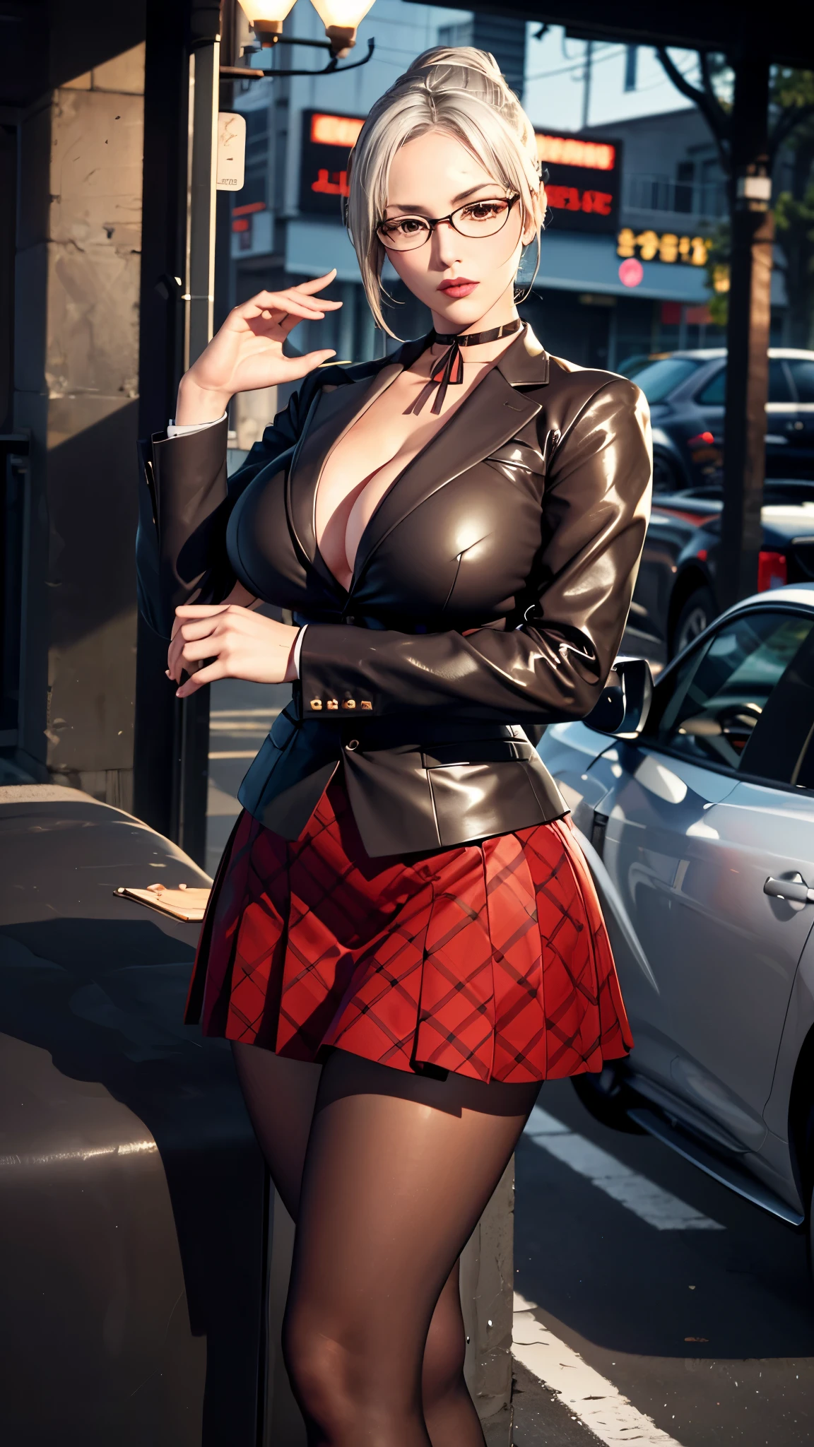 (((完美figure,figure,school uniform, plaid skirt, ribbon choker, brown jacket,White shirt,(((shiraki meiko,hair bun, glasses,White hair,)))型figure:1.7))),((masterpiece)),high resolution, ((Best quality at best)),masterpiece,quality,Best quality,((( Exquisite facial features,looking at the audience,There is light in the eyes,Happy,nterlacing of light and shadow,huge boobs))),(((looking into camera,hentai full nelson(sex position))))