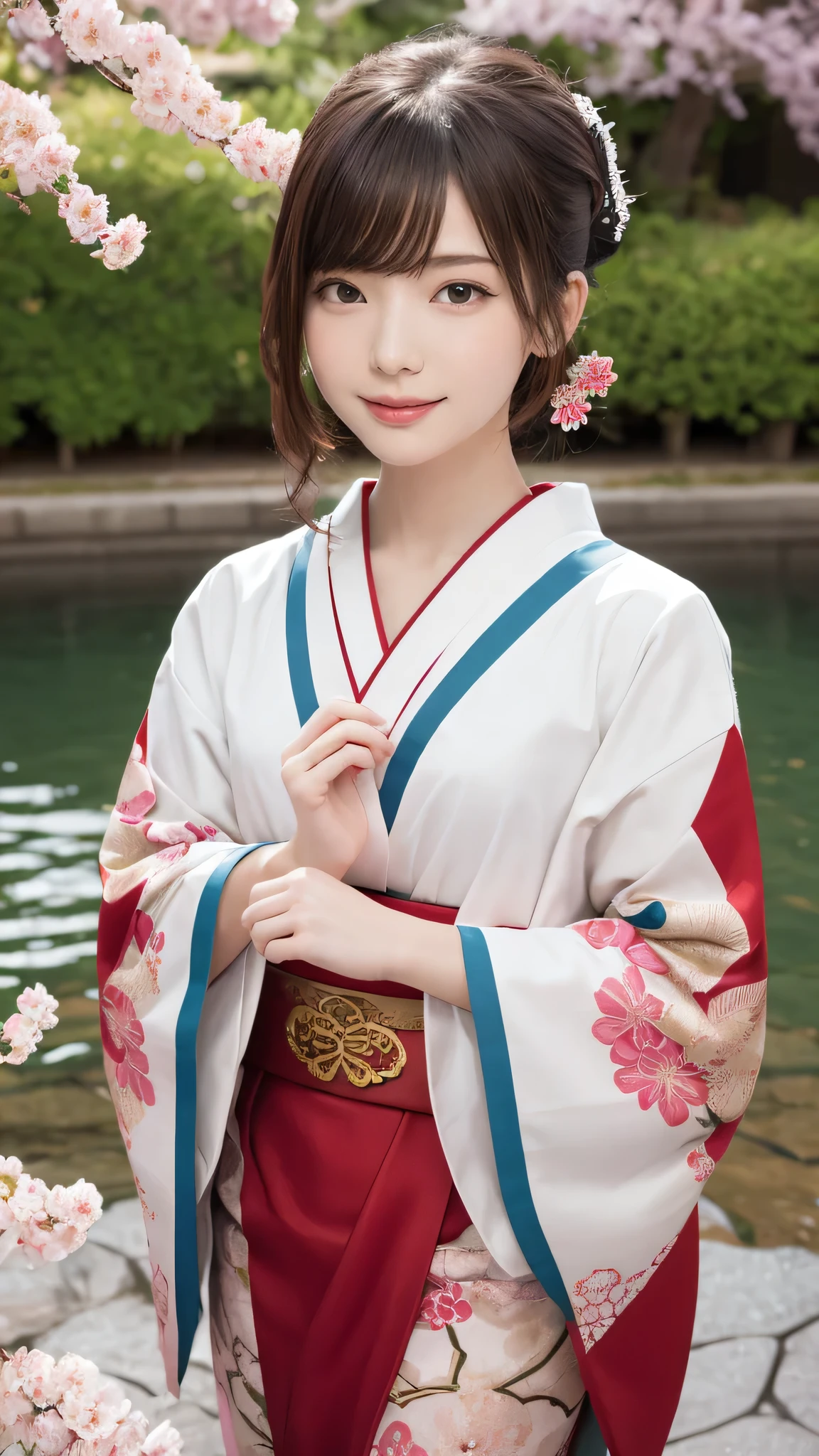 In a futuristic scene, Mechanically enhanced Japanese geisha、Elegant in an elaborate garden. She has beautifully detailed eyes and lips that complement her face. Geishas wear traditional kimonos with intricate patterns and designs.。.。14 year old girl.. Around her are bright cherry blossoms and a quiet carp pond. The scenes are drawn using a combination of illustration and photorealism, cherry blossoms吹雪,Highly detailed brush strokes and sharpness, bright colors. Lighting that highlights the graceful figure of a geisha, Gives your skin a soft porcelain-like glow。. Artwork is of the highest quality, Displaying the exquisite details of geisha costumes, cherry blossoms, With sparkling carp scales. The overall color scheme is、、、traditional Japanese color combinations, crimson, hang on., black people, With subtle gold accents, with a futuristic twist. Fusion of ancient tradition and modern technology、、Create mesmerizing and visually impressive masterpieces.The background is a traditional Japanese design in bright red and white.、random pose、I'm smiling、Kimono with delicate pattern、exciting pose