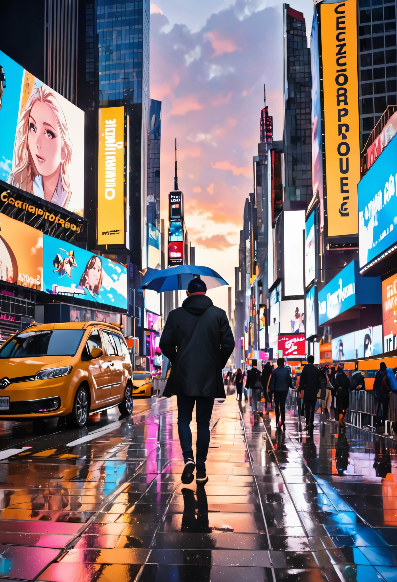 imagine 1 homem estiloso (macho )com um guarda-chuva caminhando pela times Square ,rainy weather during sunset ,carros passando , detalhado , of very high quality,HD 8k