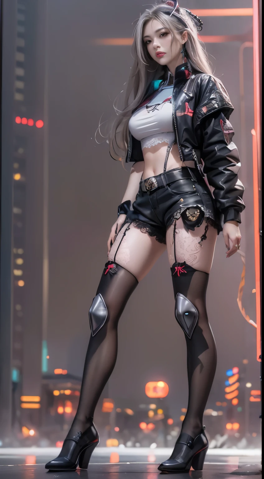 masterpiece,best quality,high resolution, 1 plump girl,from below,(The legs are very thin and straight),,(legs are very long,straight legs),,High heel,long legs,stood up, Leg length when viewed from the front, Perfect body,Have perfect legs,(lure),Full body female love,cyberpunk characters,dynamic poses,1 plump girl,exquisite eyes,brown eyes,eye shadow,make up,long gray hair, Detailed faces, delicate eyes, looking at the audience, blush blush\(make up\), full lips, red lips,(long gray hair:1.3), (stood up)mechanical static,Mechanical Summons,(hair accessories:1.1),((((lace ,short shorts)))),(black stockings),City,Luminous winding,,cyberpunk lamp:1.1),neon lights,Fully mechanical and futuristic elements,technology,背景是一条中国传统的street,China Town, street, sky sky, cyberpunk characters, paper lantern, neon lights超分辨率,(Realism:1.3),1(Slim:1.2),dramatic lighting,Vibrant details,Luxury Cyberpunk,complex background,