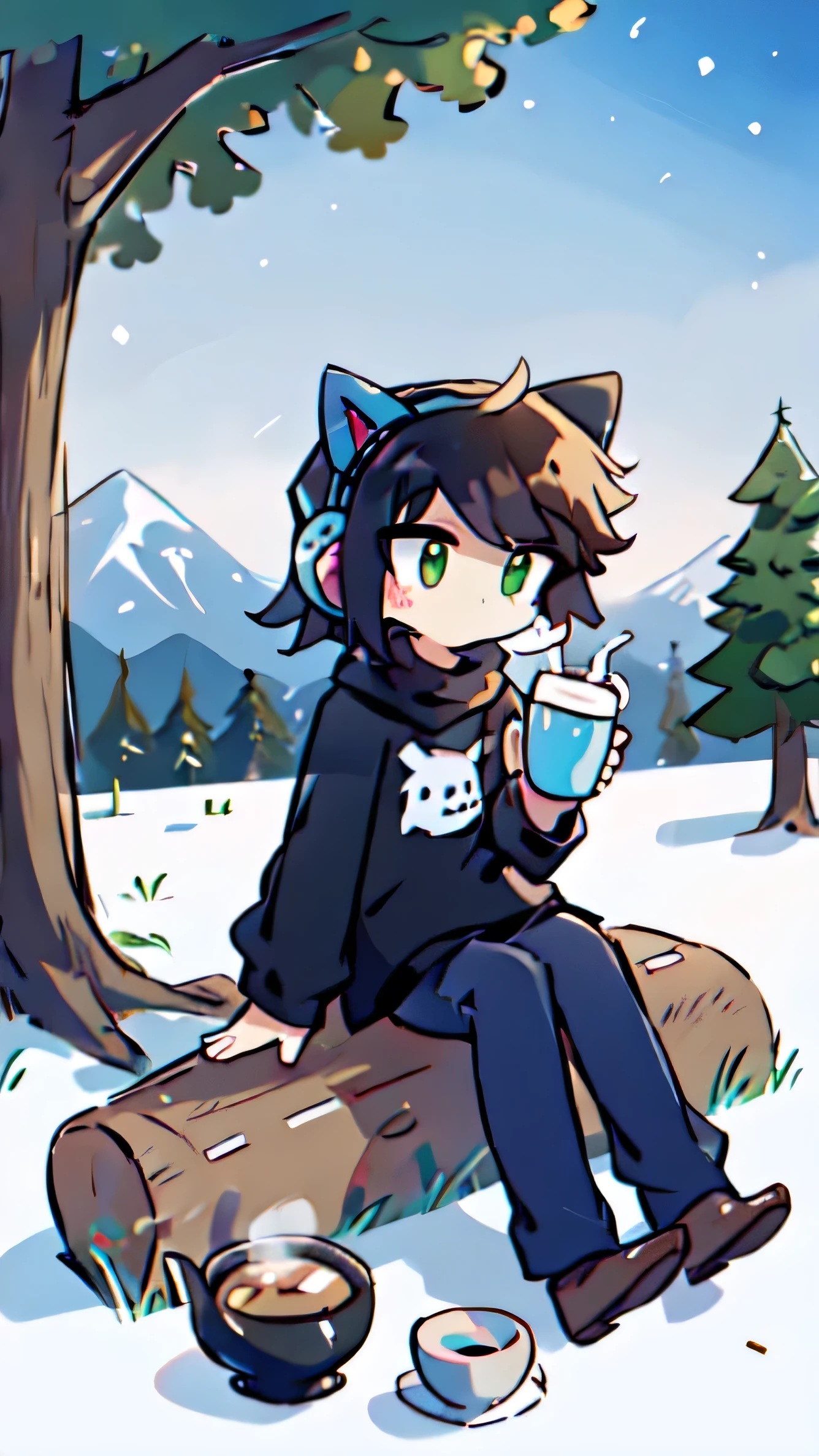 boy , green eyes , black hair , black shirt , looking far away , chilling lost in thoughts ,, sitting on top of rock very high up , night , mountain , snowy , cold , trees , wearing headphones , holding coffee in hand , coffee , grabbing coffee , tea cup , looking at the sky , cat next to him  , cat , cat on floor, chibi , head up , looking up