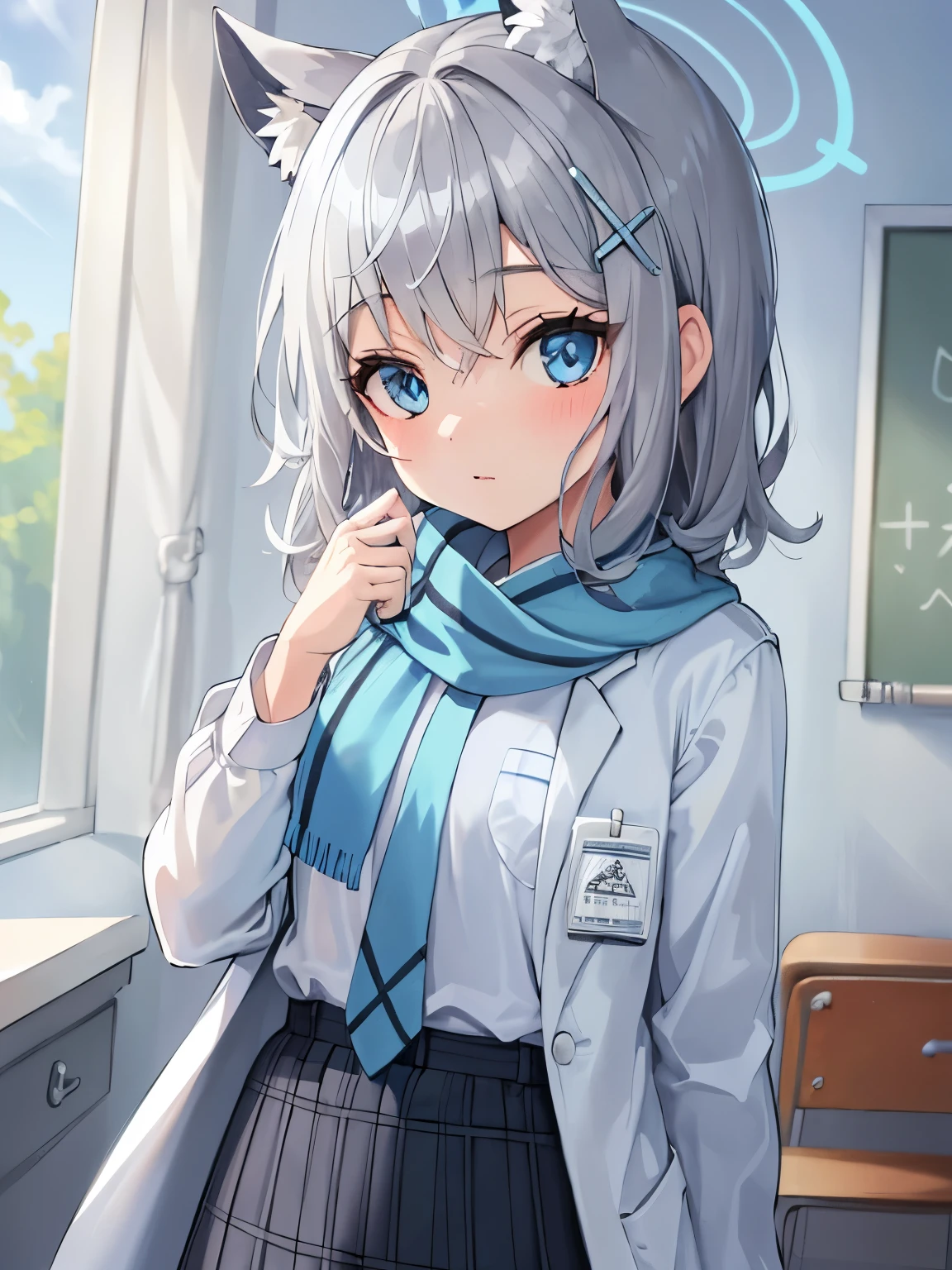 masterpiece, highest quality, Super detailed, indoors, school ,Hello,gray hair,medium hair,blue eyes,blue scarf,white shirt,(blue jacket:1.1) , No expression