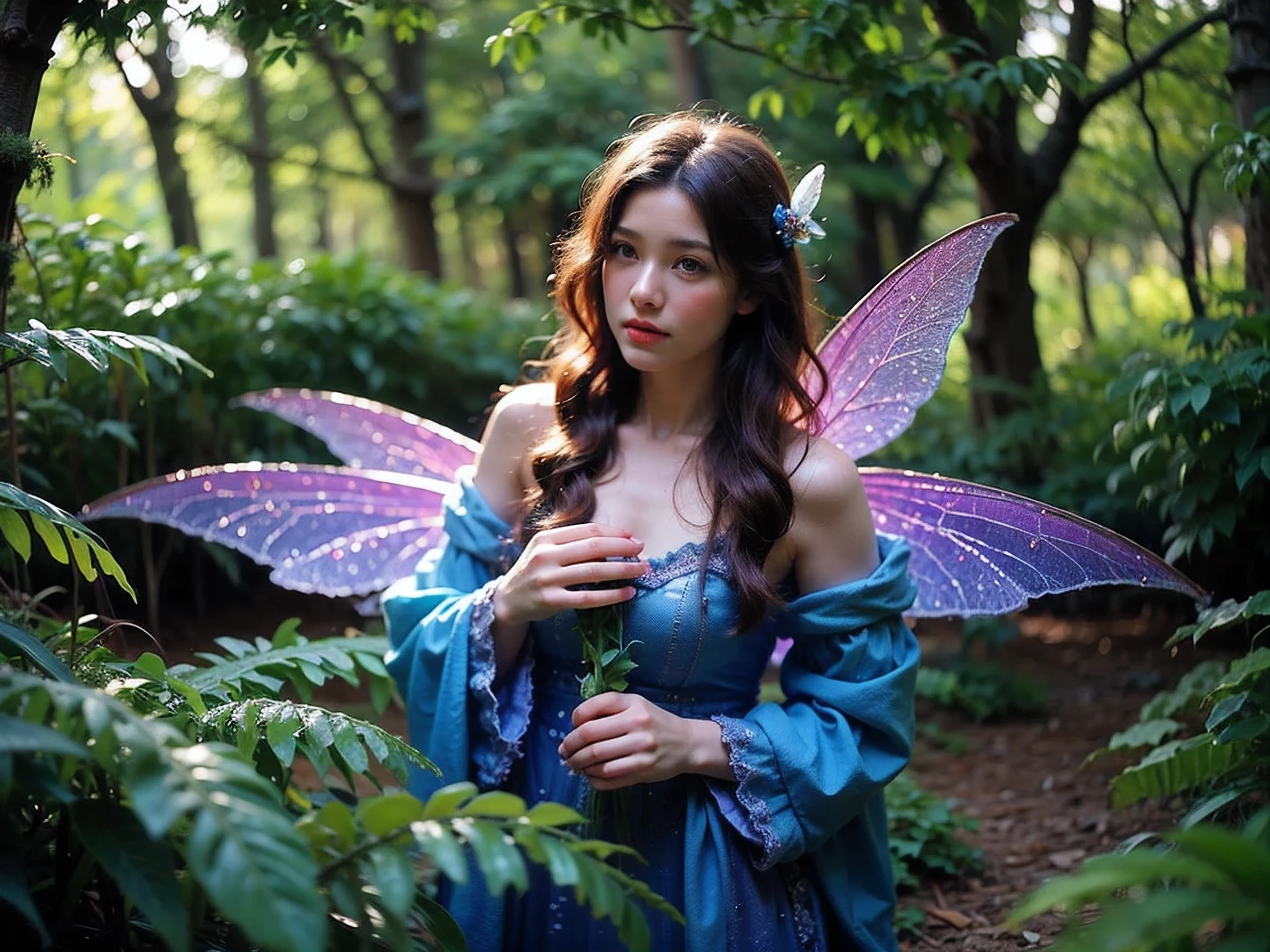 There is a woman in a blue dress with a fairy wings - SeaArt AI