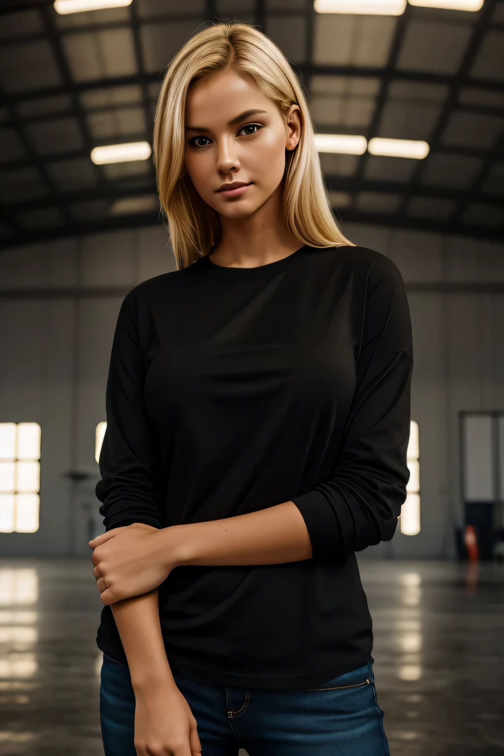 realistic, masterpiece, foto, studio, blone woman, blonde, young, black shirt, posing front of camera, in a hangar, dark light, smooth lighting, long t-shirt