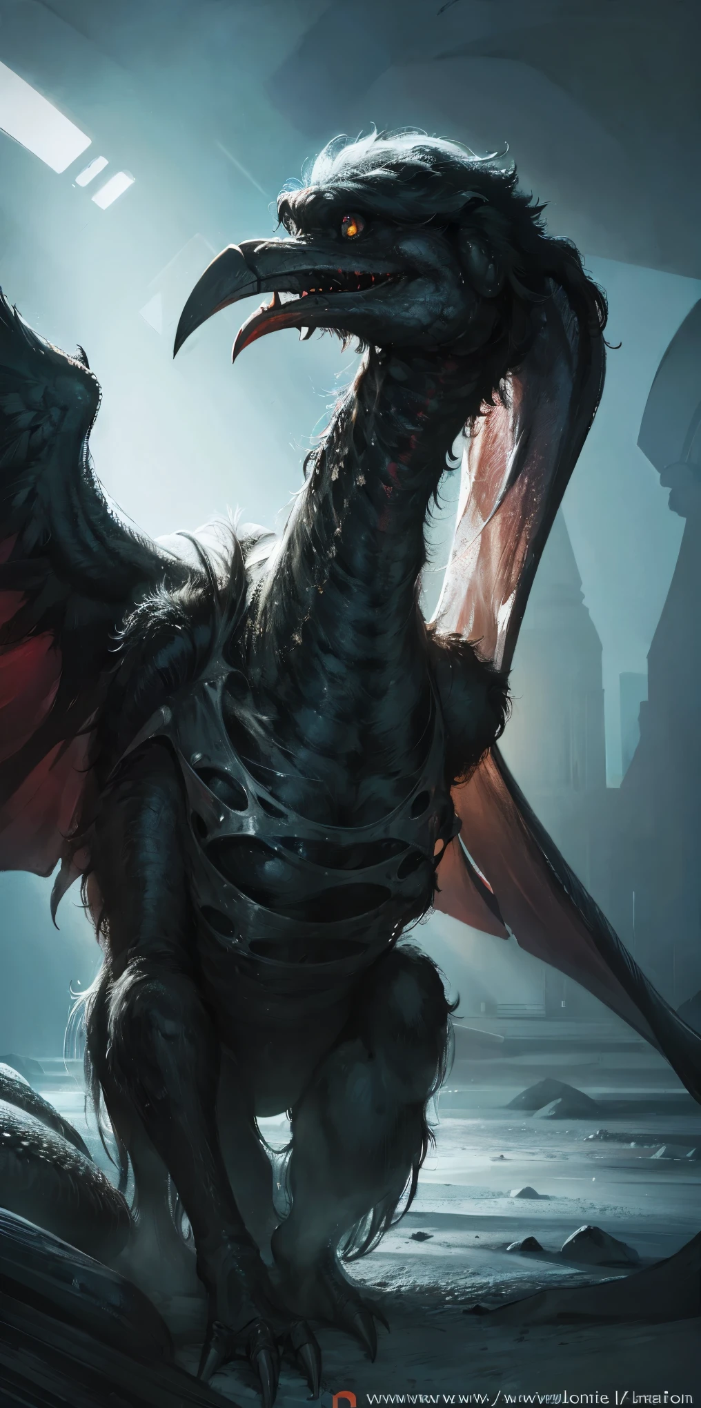 (best quality:1.2, ultra-detailed, realistic:1.37), black feathers, realistic portrait of a giant crow, dark and mysterious artistic style, intense lighting, vibrant colors