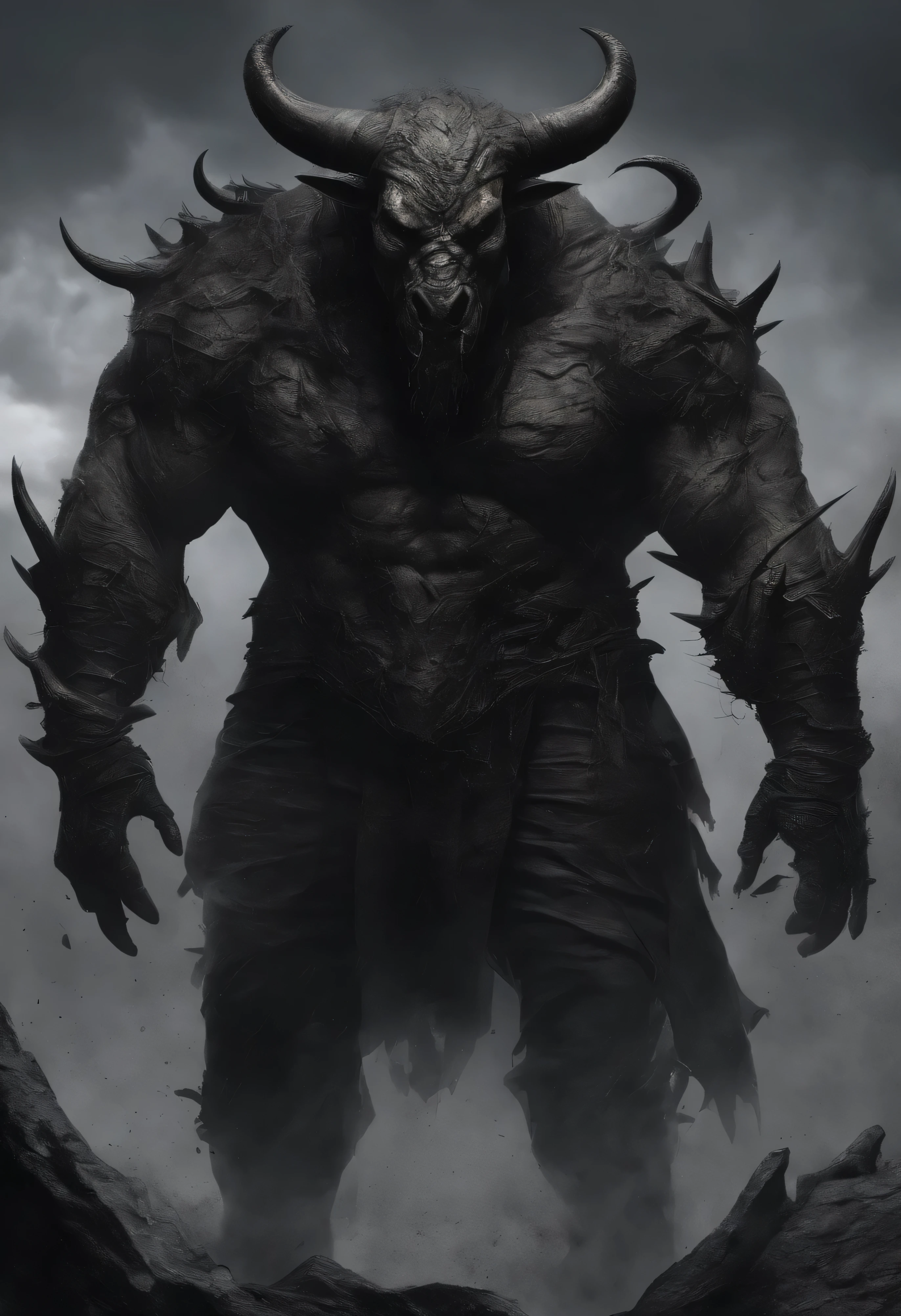 Majestic Minotaur, With a majestic bull head，Decorated with deep spiral horns, expressive eyes. kinetic, tattered clothes. The skin of a bull is dark brown，It is covered with a thin layer of, short jacket. He is standing up, Ready to fight, A large axe in one hand，A determined expression appeared on his face. The background is an epic backdrop，Dramatic dusk and shadow fill the sky.