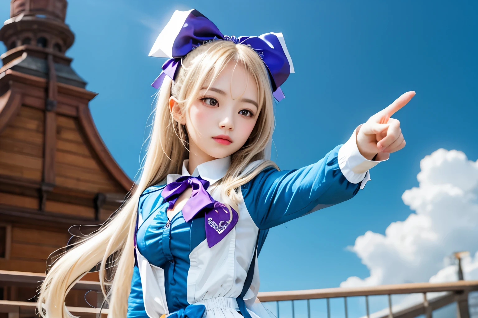 girl pointing and looking at something with her finger, magical girl, with magical outfit. triple purple star tatoo on forehead