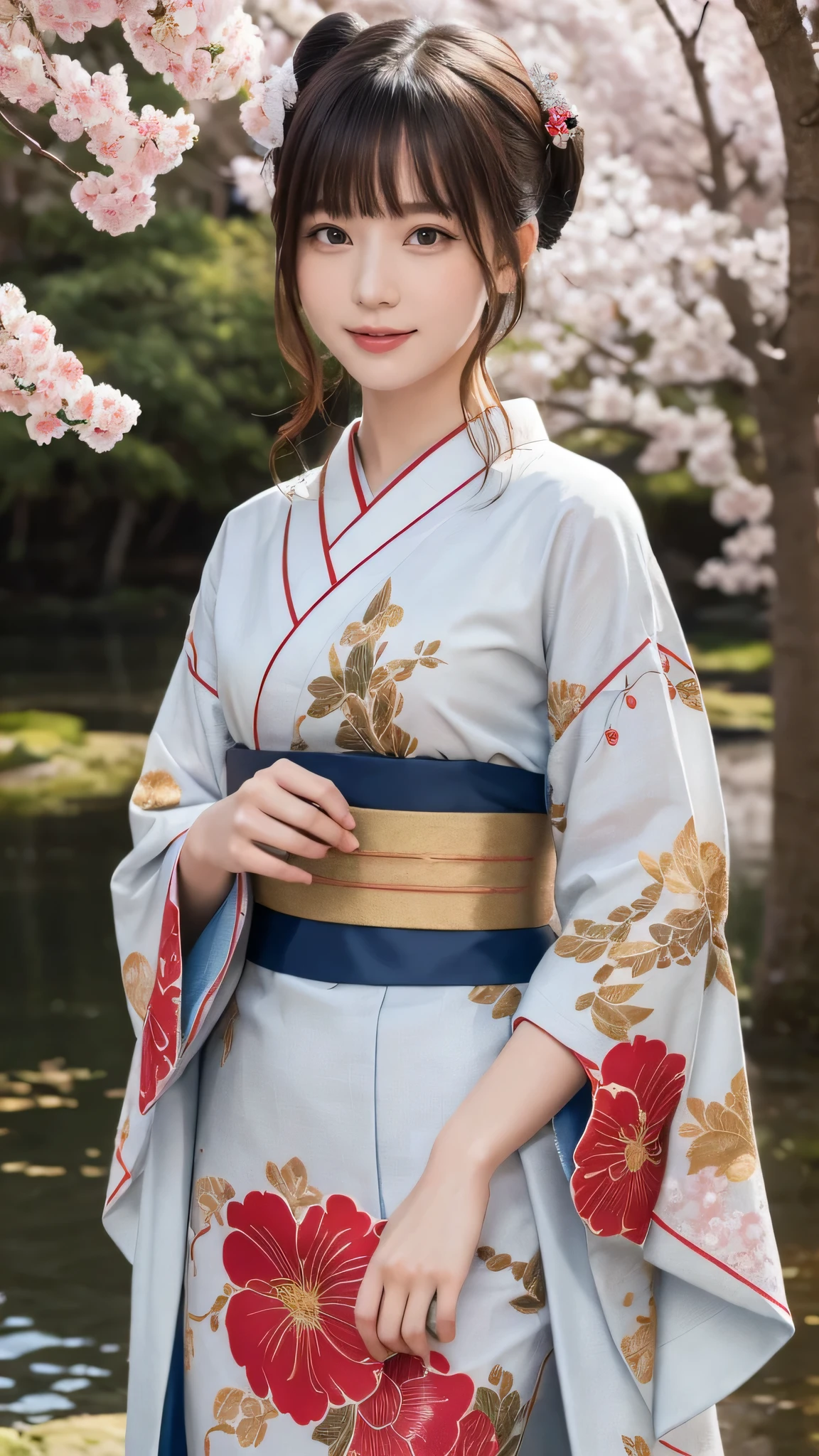 In a futuristic scene, Mechanically enhanced Japanese geisha、Elegant in an elaborate garden. She has beautifully detailed eyes and lips that complement her face. Geishas wear traditional kimonos with intricate patterns and designs.。.。14 year old girl.. Around her are bright cherry blossoms and a quiet carp pond. The scenes are drawn using a combination of illustration and photorealism, cherry blossoms吹雪,Highly detailed brush strokes and sharpness, bright colors. Lighting that highlights the graceful figure of a geisha, Gives your skin a soft porcelain-like glow。. Artwork is of the highest quality, Displaying the exquisite details of geisha costumes, cherry blossoms, With sparkling carp scales. The overall color scheme is、、、traditional Japanese color combinations, crimson, hang on., black people, With subtle gold accents, with a futuristic twist. Fusion of ancient tradition and modern technology、、Create mesmerizing and visually impressive masterpieces.The background is a traditional Japanese design in bright red and white.、random pose、I&#39;m smiling、Kimono with delicate pattern、exciting pose