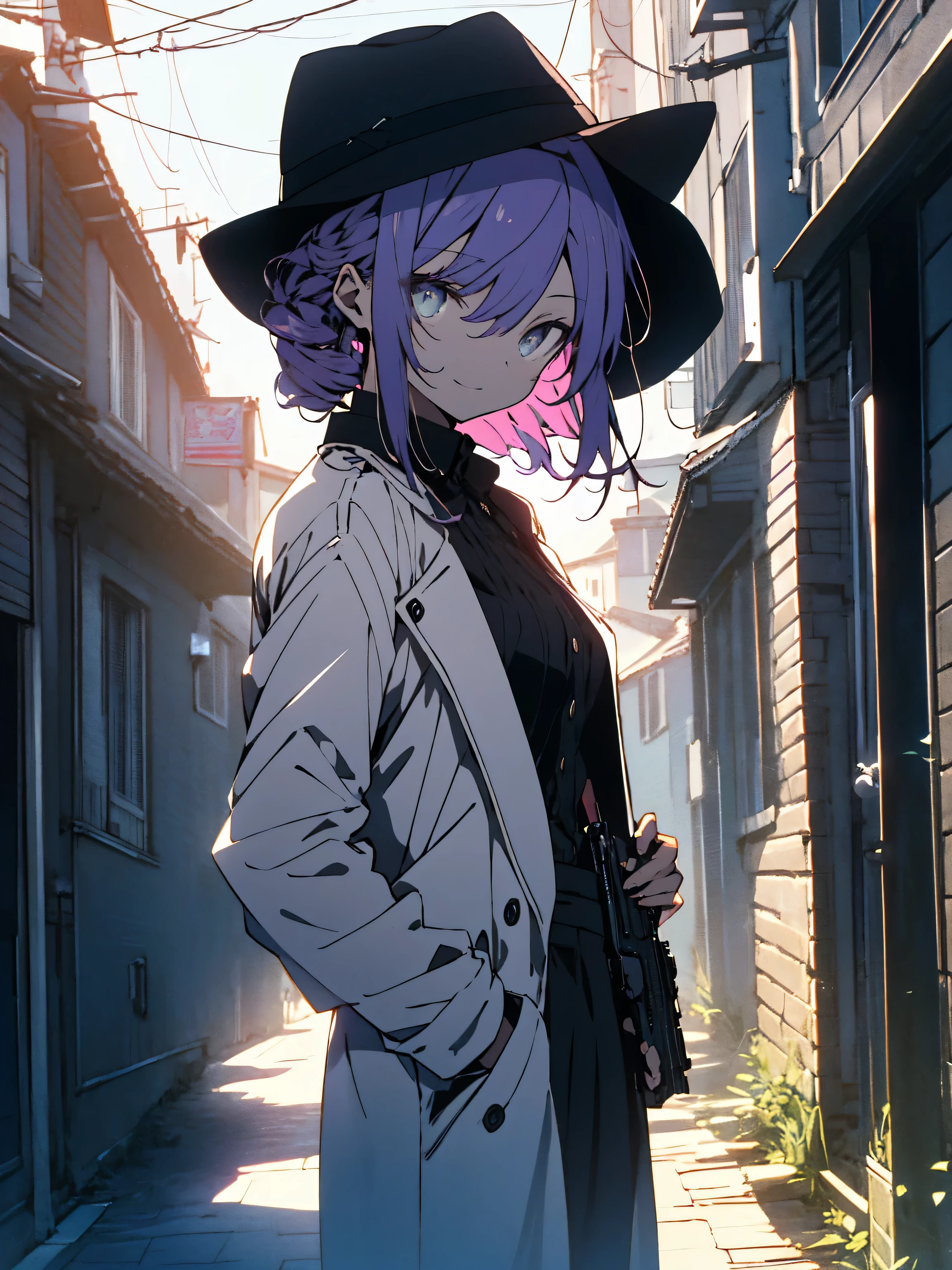 (highest quality、masterpiece、High resolution、detailed)、(Shining eyes、detailed beautiful face)、1 girl 20 years old, Dubious smile, White skin beauty, purple hair、good style、black pants suit、white dress shirt、black wide brimmed hat、black gloves、black pumps、has a gun in one hand、holding a cigarette、(mafia image)、back alleys of europe、(beautiful anime)