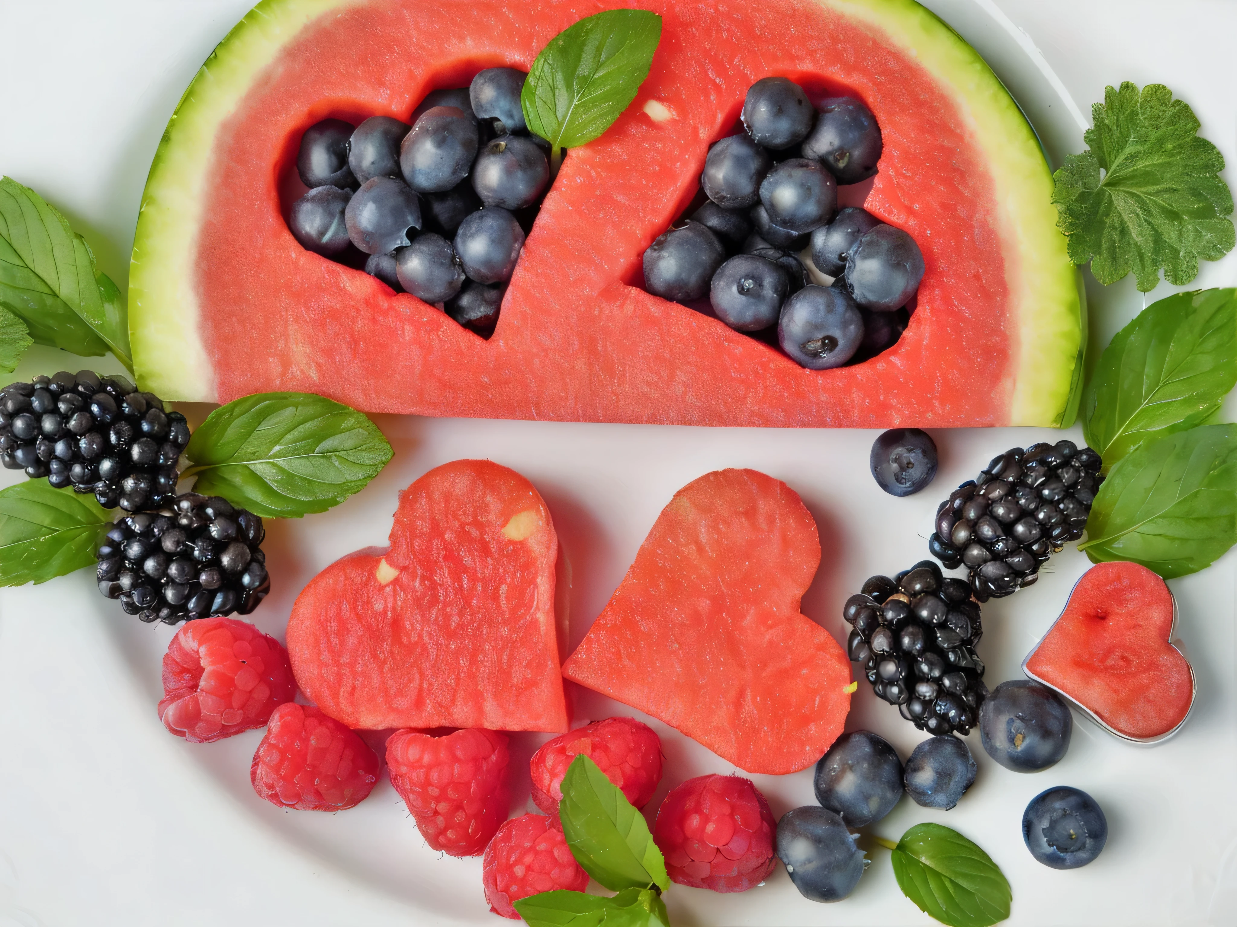there is a watermelon cut in half with berries and mint leaves, plates of fruit, fresh fruit, fruits, yummy, watermelons, food art, healthy, made of fruit and flowers, gems and diamond for fruit, watermelon, professional fruit photography, mmmmm, made of flowers and fruit, fruit, squashed berries, by Stefan Gierowski