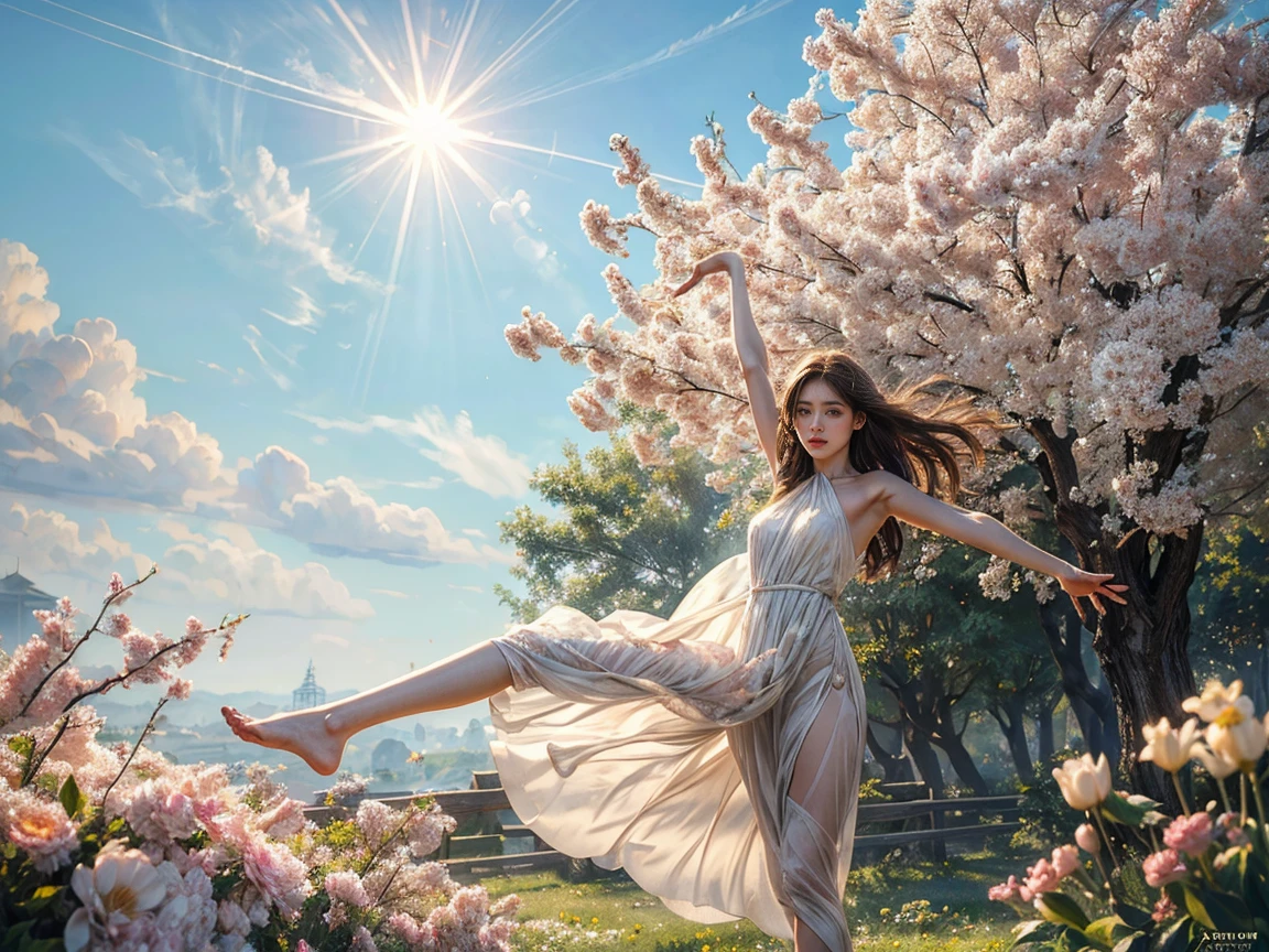 girl stretching arms skyward catching morning spring sun, barefoot, white dress, spring garden backdrop, lens flare, combination of dynamic motion and delicate essence, watercolor effect, trending on ArtStation, Greg Rutkowski style, sharp focus, studio-ballot quality, blooms in background, soft lighting, intricate details, highly detailed, 35avards championship vibes, digital painting., ultra-realistic, highly detailed ref ((masterpiece, highest quality, Highest image quality, High resolution, photorealistic, Raw photo, 