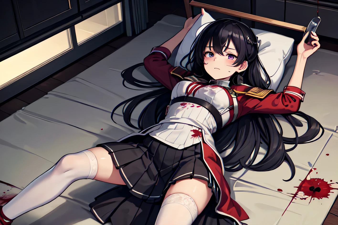 masterpiece,highest quality,very detailed,1 girl,alone,clenched teeth,struggle,closed my eyes,Sweat,Sweatdrop,pain,
Inoue check,purple eyes,black hair,long hair,uniform liquor,green ribbon,long sleeve,two tone dress,pleated dress,collared shirt,knee high,bondage,
BREAK Emergency delivery,stretcher,drip,surgical mask,doctor,running,sleep,sleeping on one's back,hospital hallway,(((Bloodstained, blood on the dress,torn dress, carry))),Facial bandages,emphasis line,multiple boys,