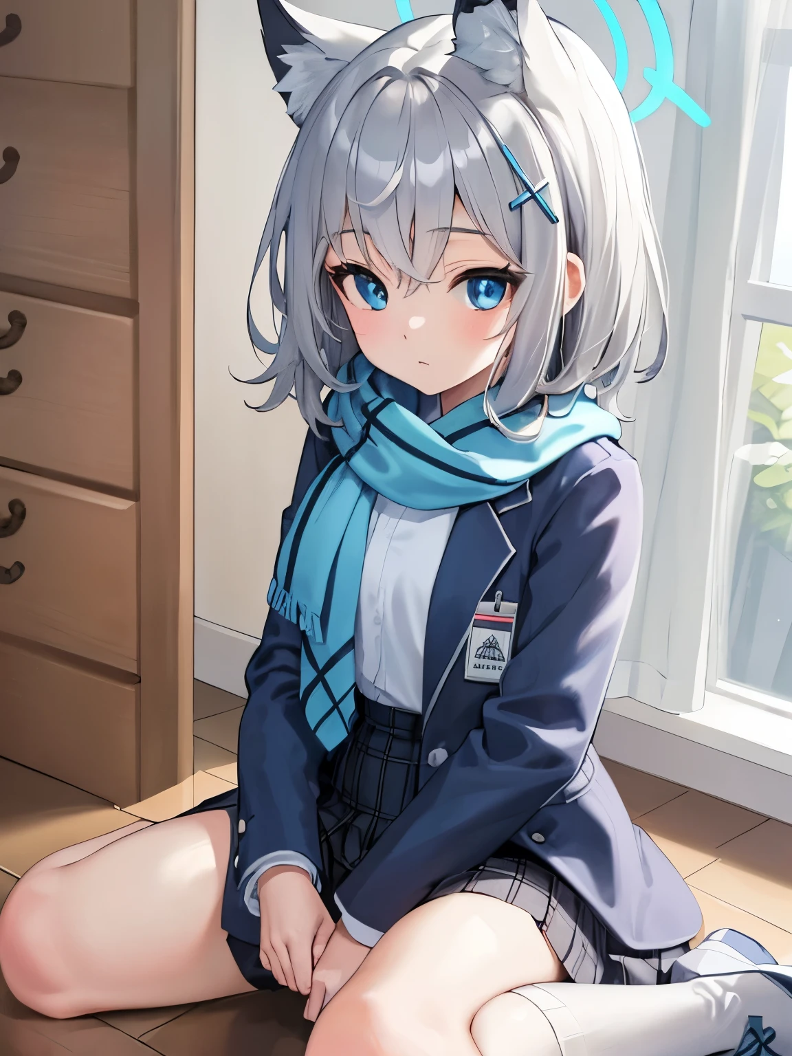 masterpiece, highest quality, Super detailed, indoors, school ,Hello,gray hair,medium hair,blue eyes,blue scarf,white shirt,(blue jacket:1.1) , No expression