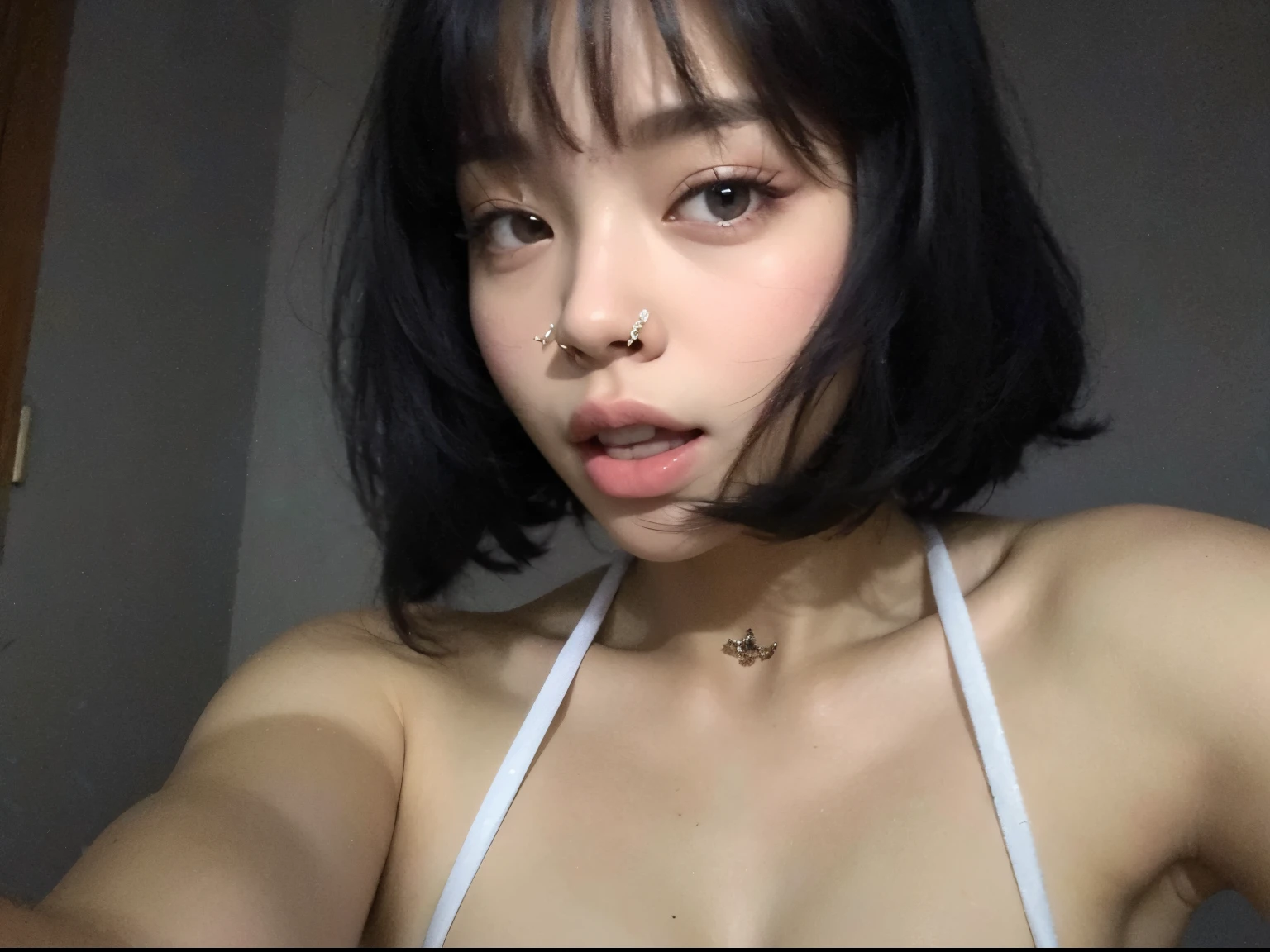 nsfw, best quality, masterpiece, ultra high res, (photorealistic:1.3), 8K, raw photo, 1girl, natural skin texture, , black, wearing leather, natural skin texture, dynamic pose, film grain, on the train room background, full nude, vagina, pubic hair realistic, look at cam, long HAIR, small breast, mid shot portrait, gemma chen